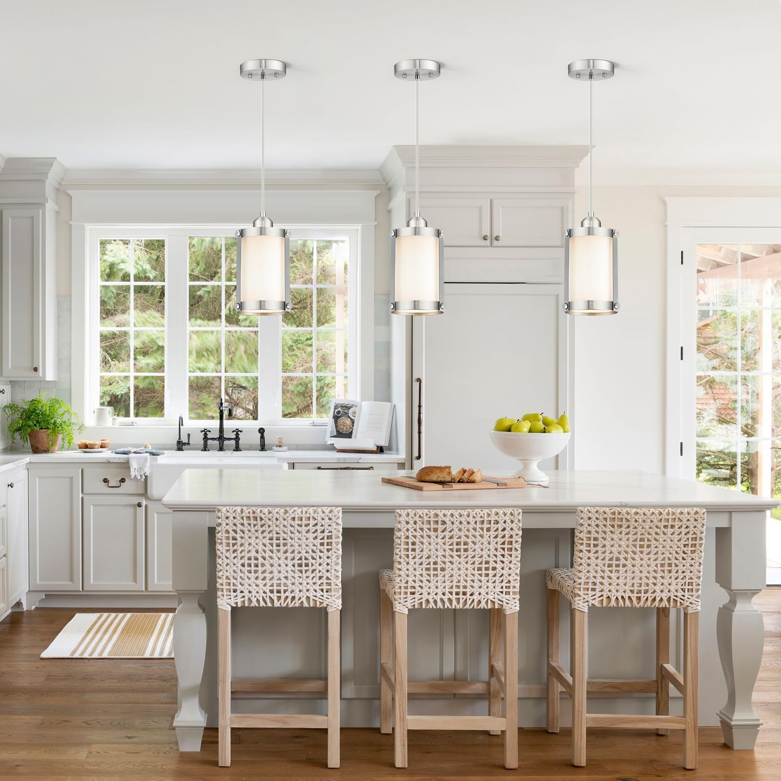 Osimir Brushed Nickel Pendant Lights Kitchen Island, 1-Light Modern Mini Hanging Light Fixtures With Milk Glass, Farmhouse Kitch