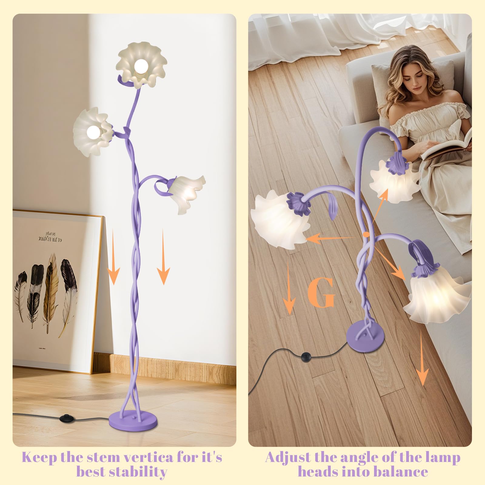Larnix Flower Standing Lamp, 3 Light Floor Reading Lamp, Large Iron, Purple, Model HLD-003-3