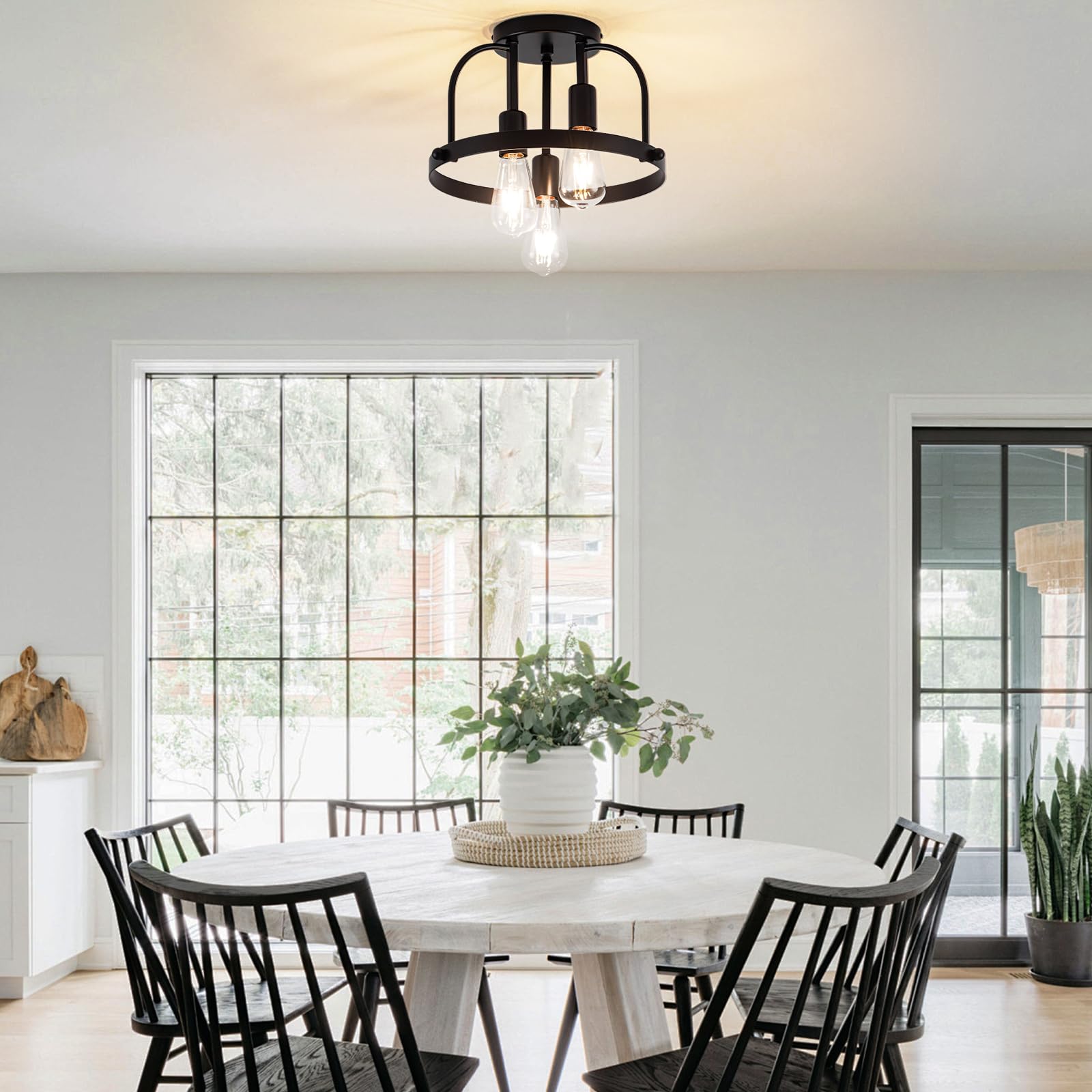 Fengkedu 3 Light Industrial Ceiling Light Black Semi Flush Mount Lights Close To Ceiling Light Fixtures Cage Design Farmhouse Ceiling Lighting For Kitchen Bedroom Bathroom Foyer Hallway (E26  1Pack)