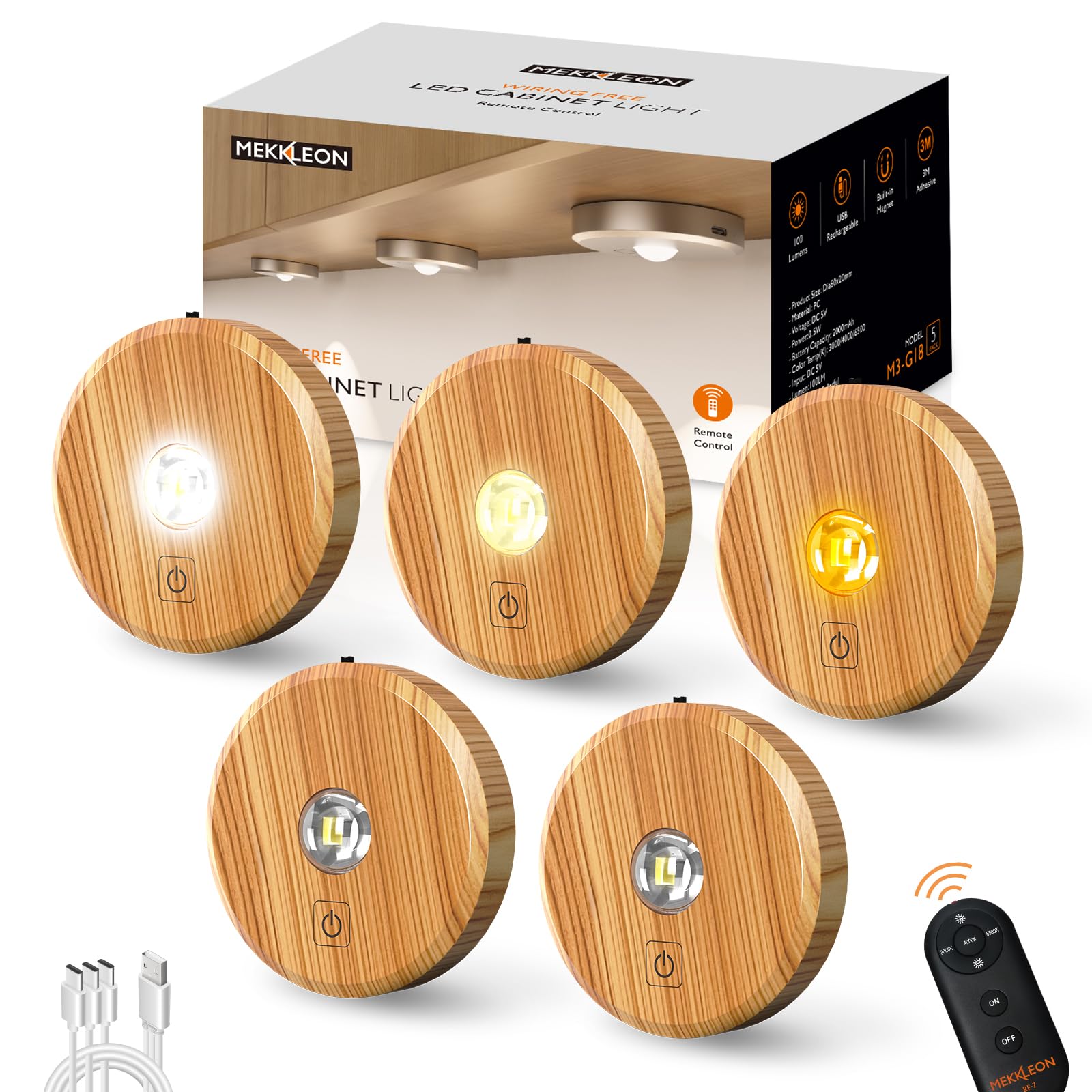 MICLIONLED Puck Lights Cordless with Remote Control, 2200mAh, Dimmable, 3 Color Temperatures, Wooden, 5PCS, Model M3-G18