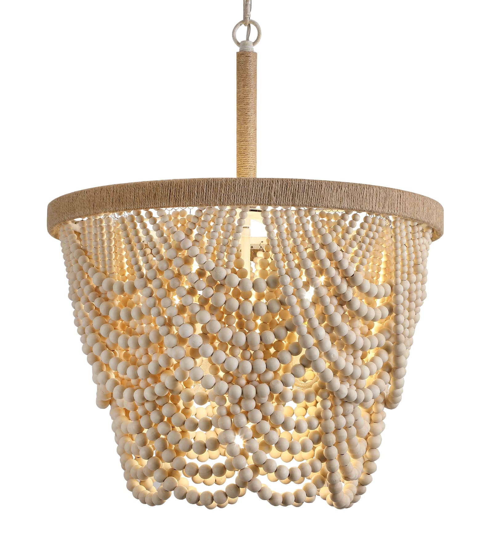 Q&S Boho Wood Beaded Chandelier,Farmhouse Coastal Large Bohemia 5 Lights for Dining Room Kitchen Living Room Entryway Foyer Hote