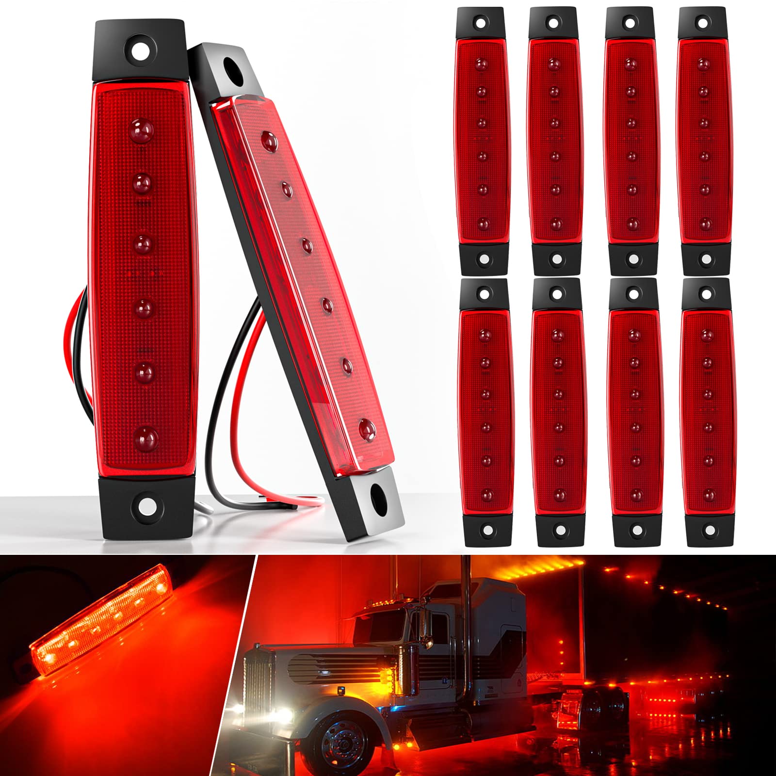 BJZ LED Trailer Marker Lights Red 6 Led Side Marker Clearance Light Bar 12V 3.8 Front Rear Signal Indicator Light Band Waterproof for Trailer Truck Van Pickup ATV UTV RV  10Pcs
