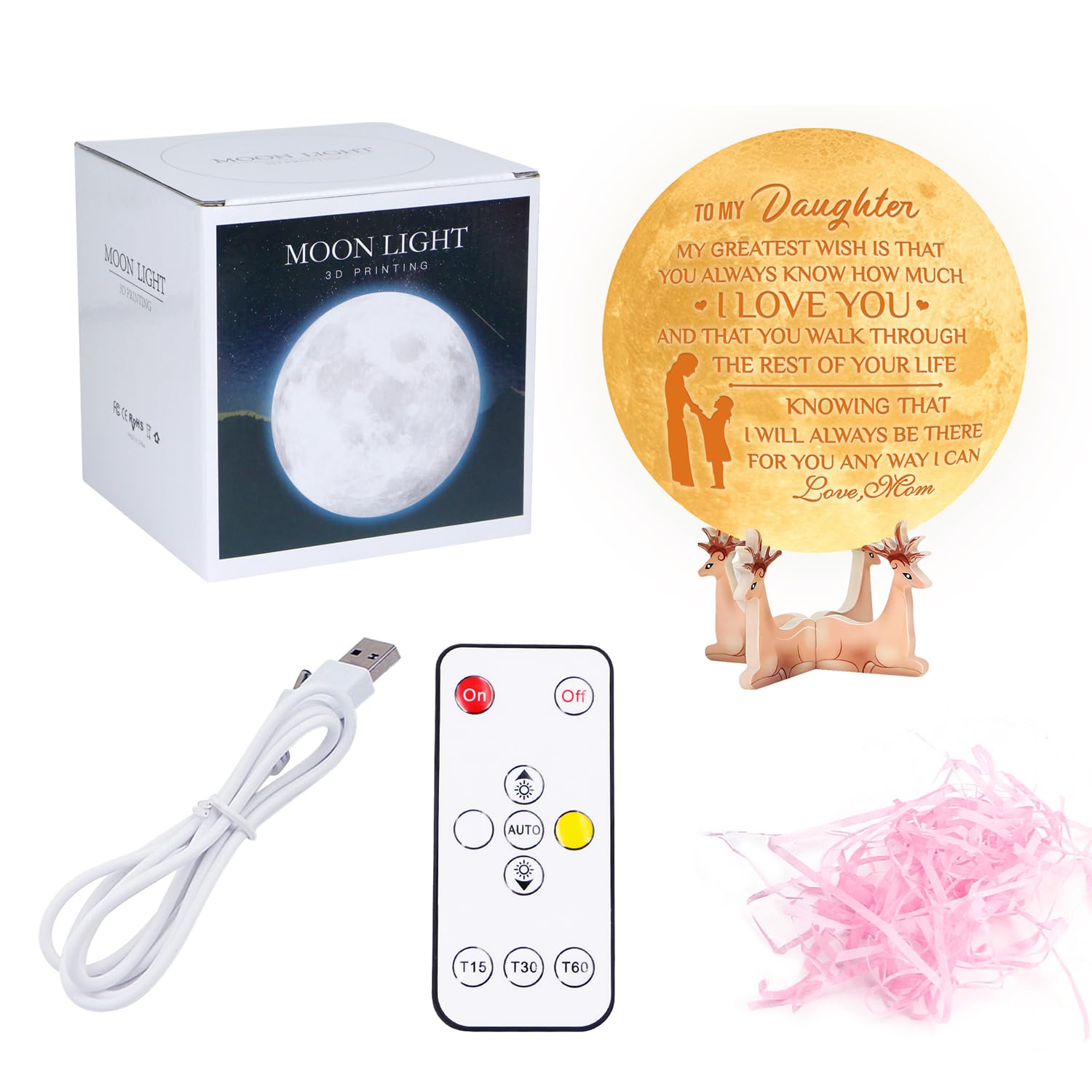 K Kenon Engraved 3D Moon Lamp For Daughter, Personalized 5.9 Inch 3D Printing Moon Light Gift For Daughter Valentine'S Christmas Gift (For Daughter Mom-04)