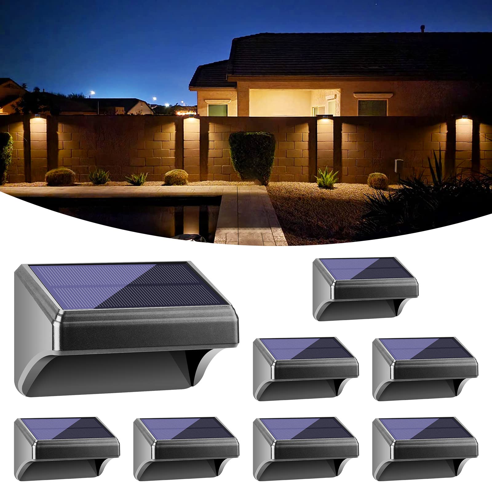 Bridika Solar Fence Lights, Waterproof 8 Pack, Warm & Cool White, Outdoor Wall Lights, Model WT-RVVO-2IMN
