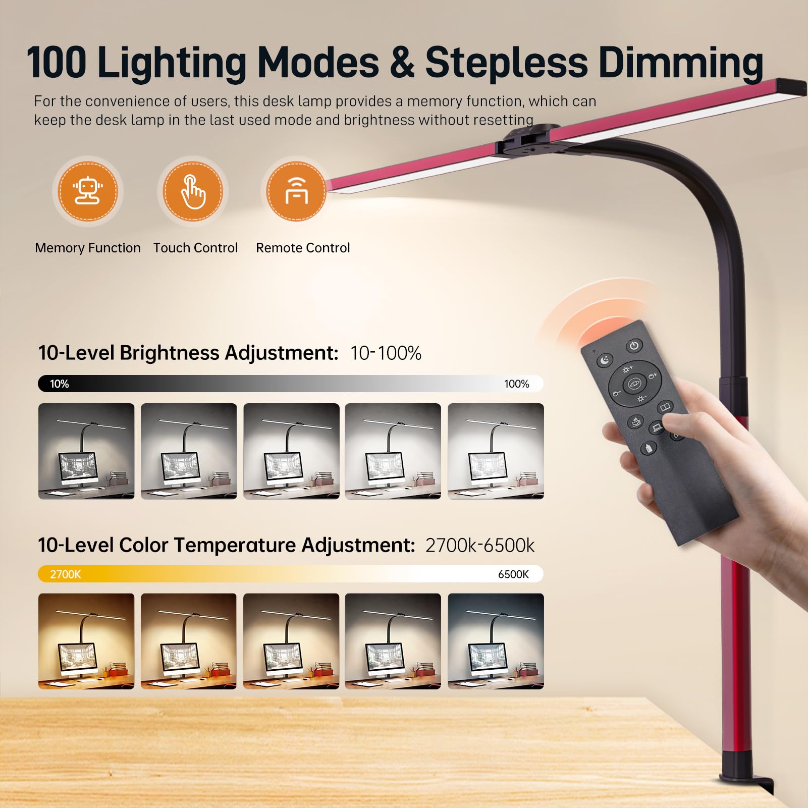 Paklighting LED Desk Lamp - 24W Double Head Architect Task Lamp, Eye-Caring, Stepless Dimming, Flexible Gooseneck, Red