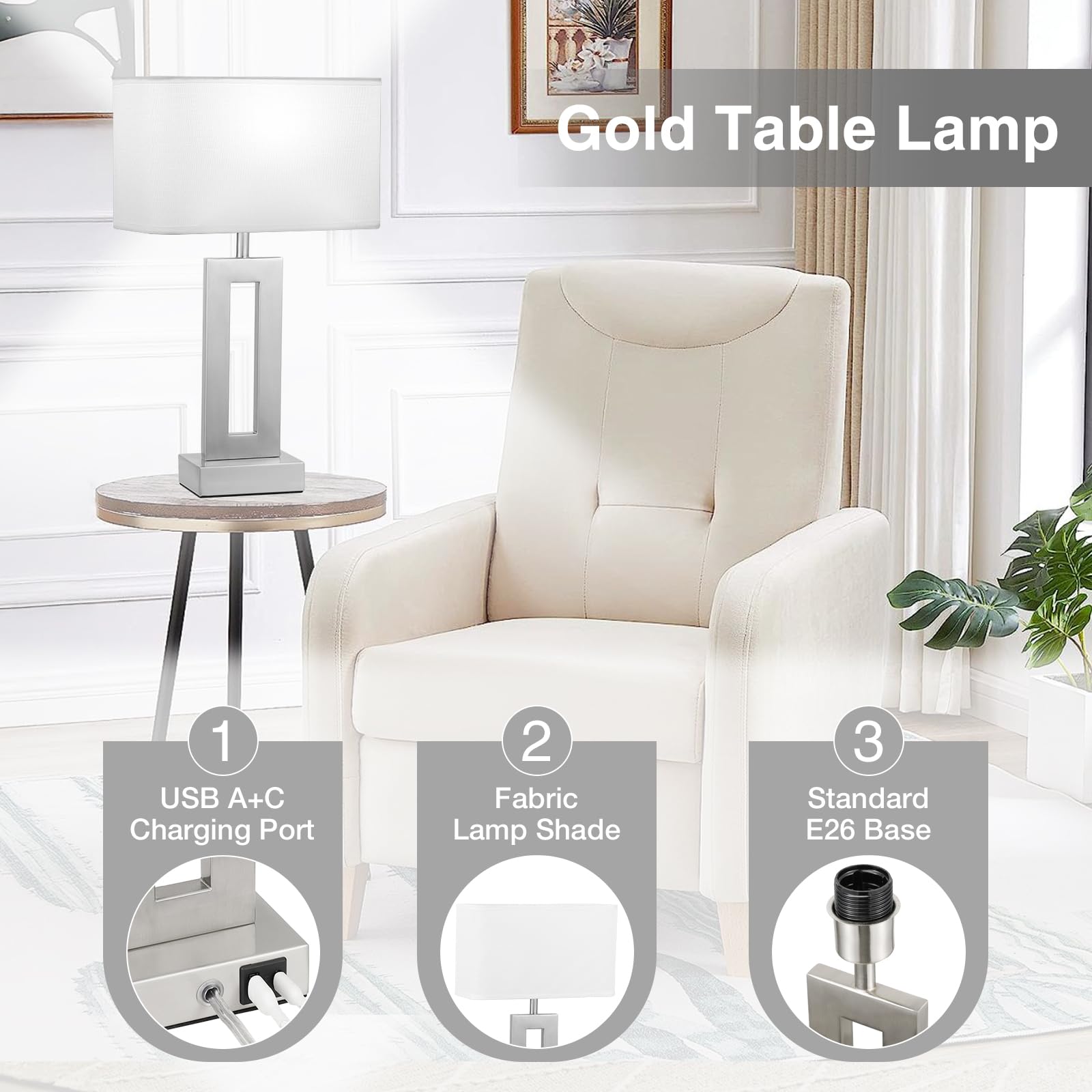 Bedroom Table Lamps Set Of 2 - White Silver Touch Bedside Lamps With Usb C+A, 3 Way Dimmable Gold Lamp For Nightstand, Modern Ni