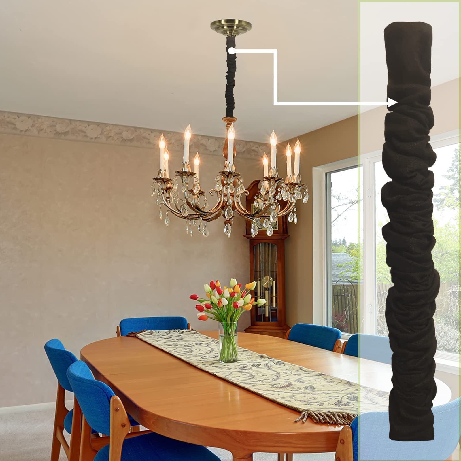 Fabric Cord Cover & Chandelier Chain Cover 1 Pack 6Feet Length For Chandelier Lighting Wires Natural Burlap Easy To Install. (Black)