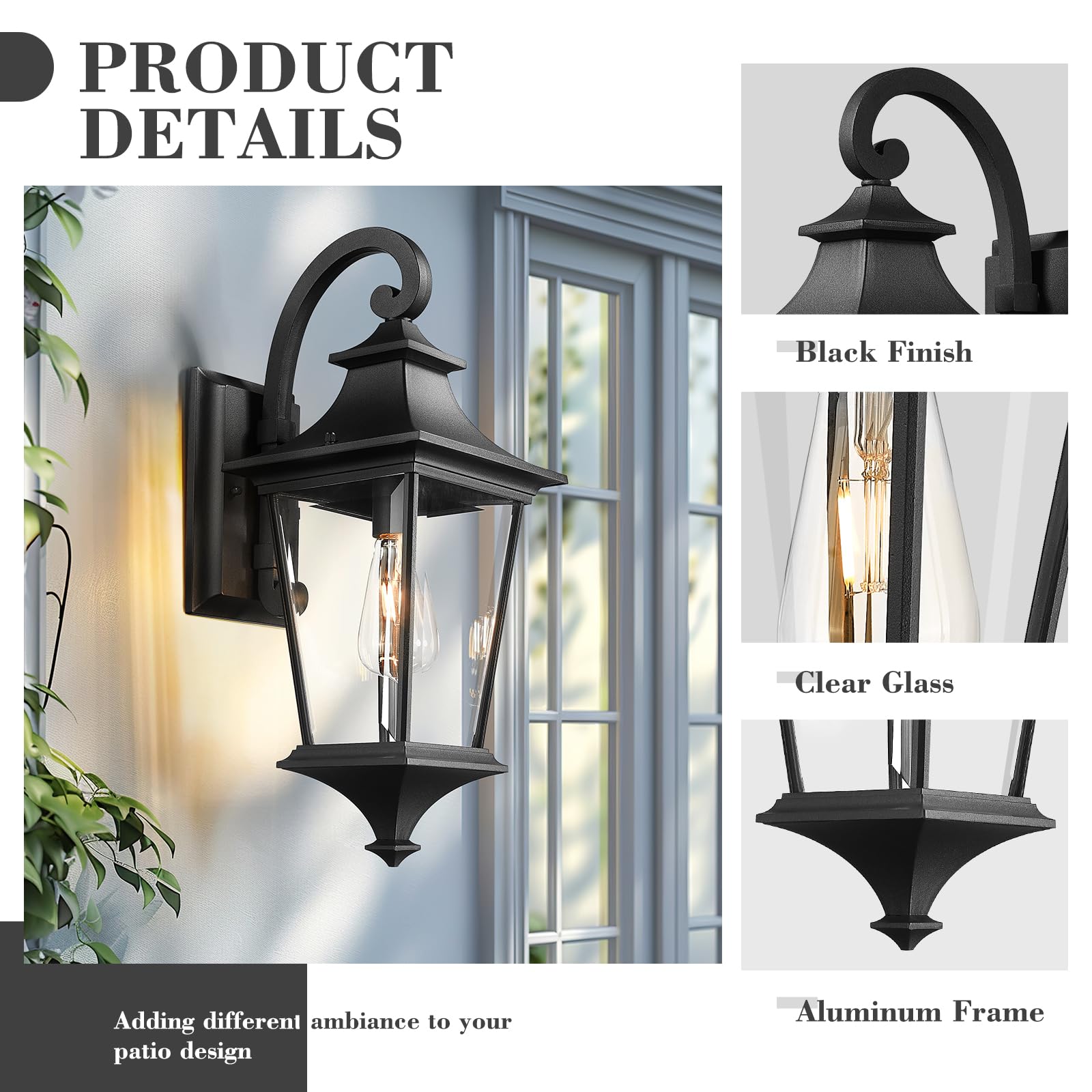 Emliviar Outdoor Porch Light - 21.1 Inch Modern Wall Light, Clear Glass, Black Finish, Model XE292B-M BK, Medium Size