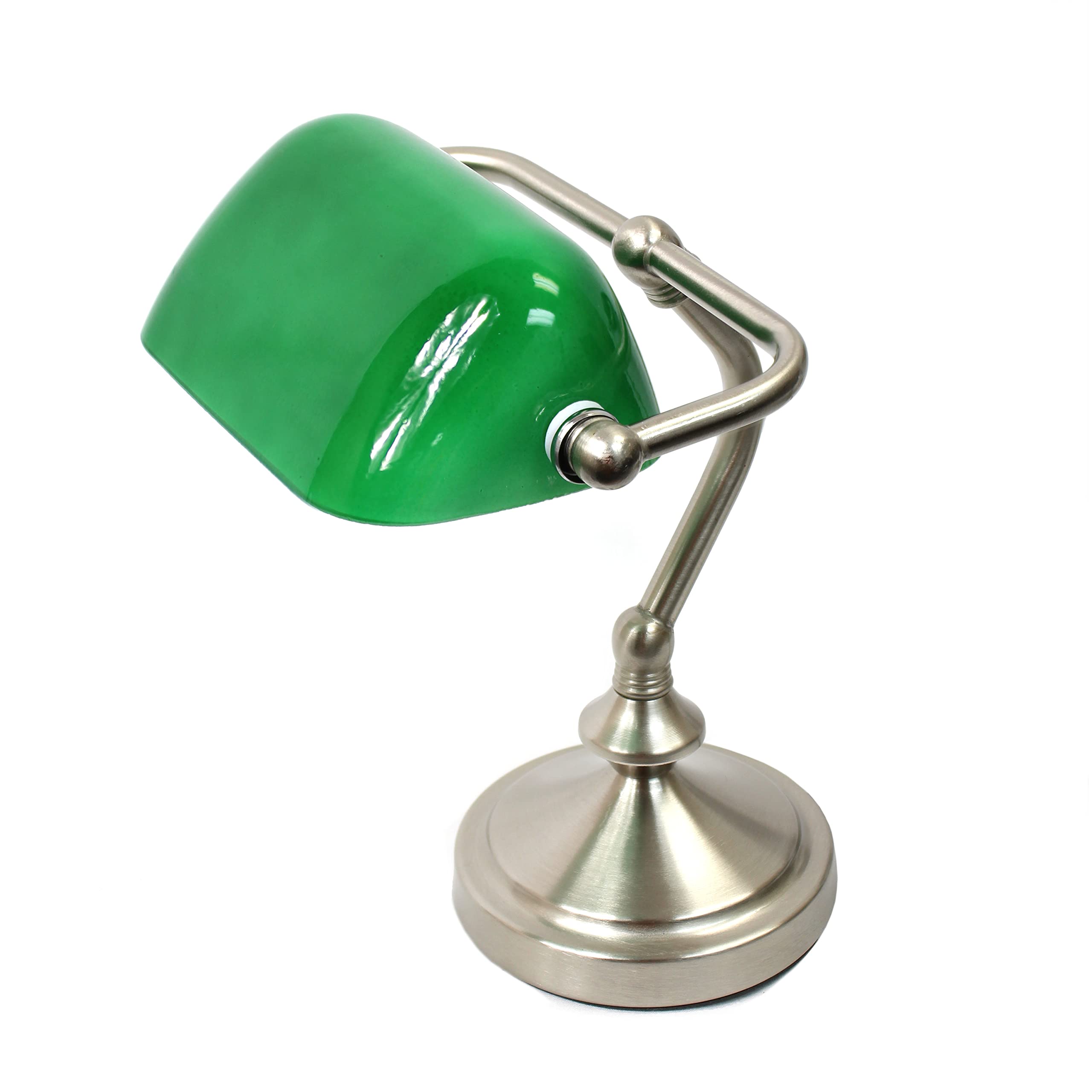 Simple Designs Mini Traditional Bankers Lamp, Brushed Nickel, Glass Shade, Green, Model LT3057-GRN