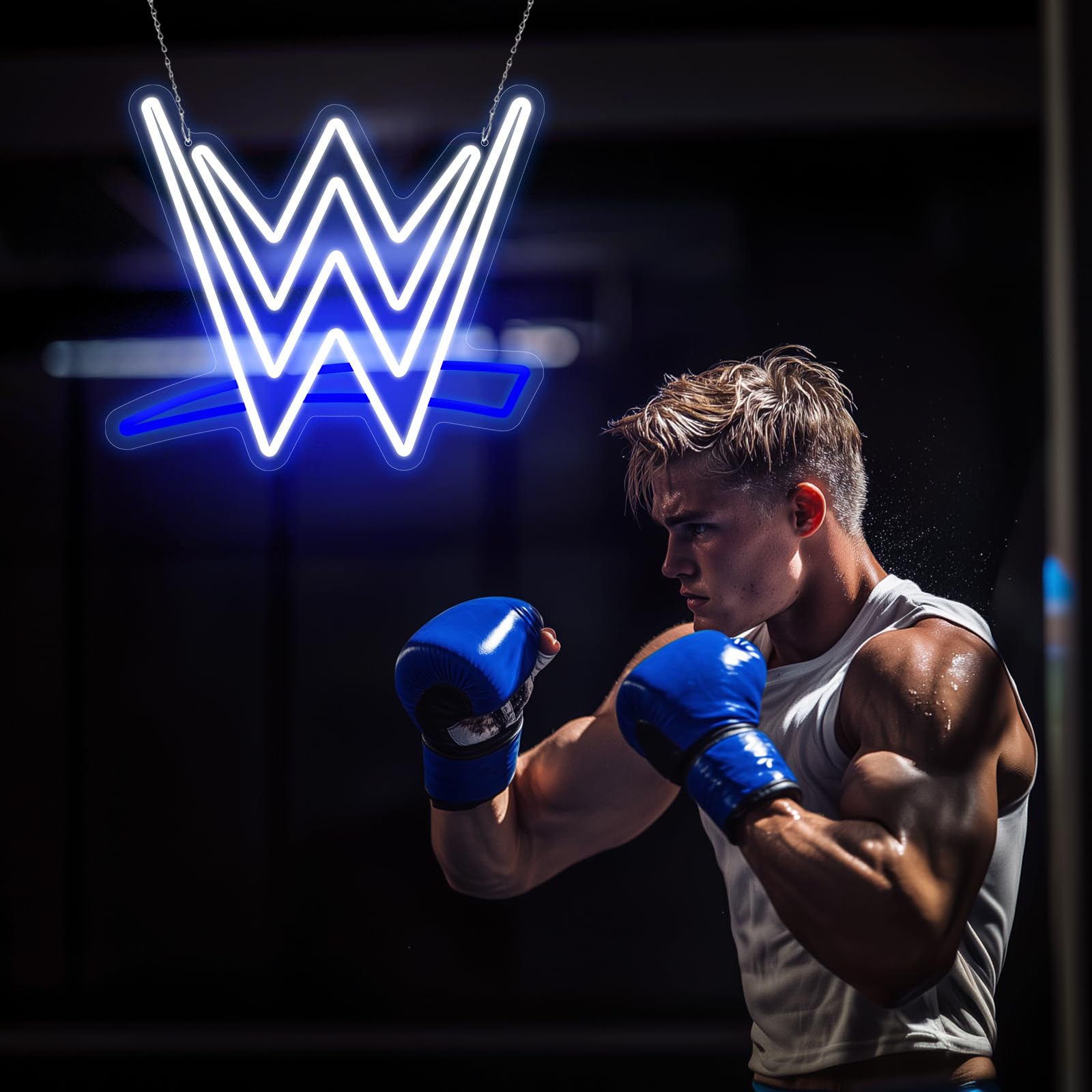 Optiacan LED Wrestling Neon Sign - Blue White Wall Decor, 15.35 x 12.99 inches, USB Night Light for Game Room & Parties