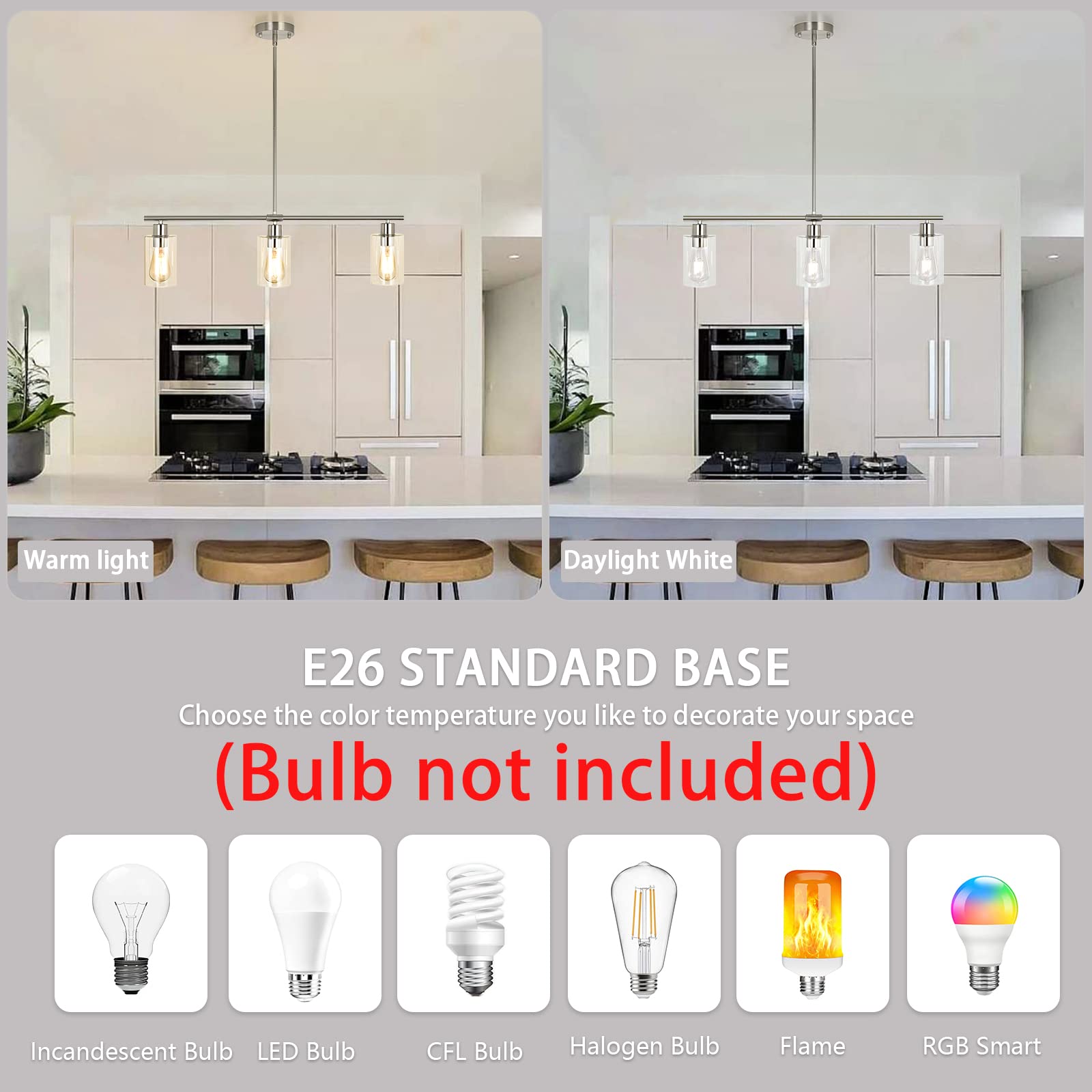 Mrhyswd 3 Lights Kitchen Island Lighting Brushed Nickel Pendant Light Fixtures With Glass Shade 31" Dining Room Chandeliers Adjustable Height Modern Linear Ceiling Hanging Light For Living Room, Foyer