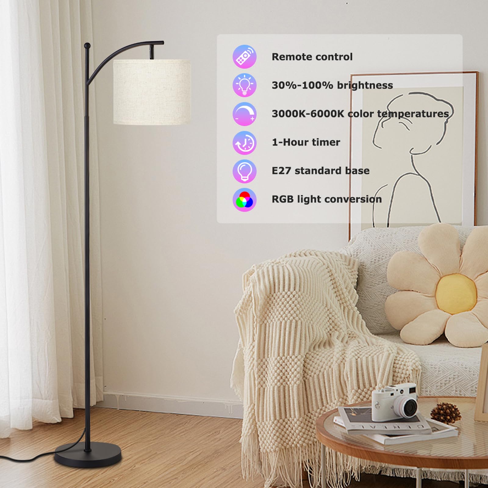 Ambimall Smart Floor Lamp with RGB Bulb, 60 inches, Beige Shade & Black Pole, Model RPT-QZB112RGB, Dimmable Color Temperatures