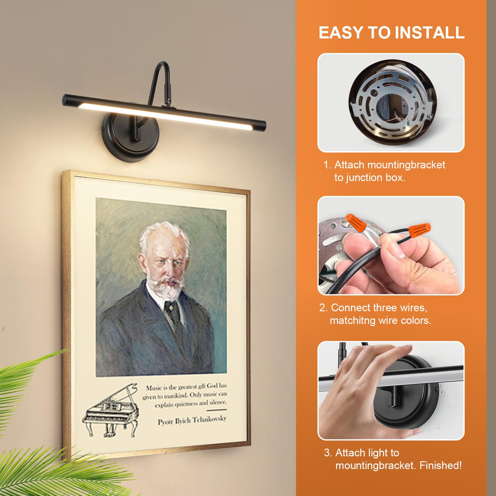 Joosenlux 16.5&quot; Hardwired Dimmable Black Picture Light For Paintings, Adjustable Direction 3000K