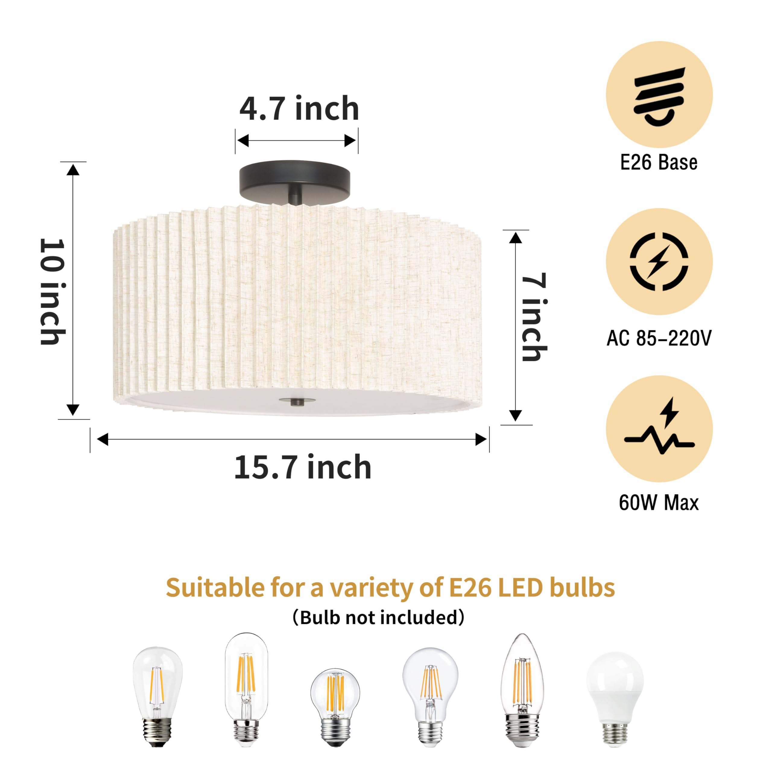 Bagood 3 Light Semi Flush Mount Ceiling Light Fixture 15.7 Inch Drum Light Fixture Drum Ceiling Light With Pleated Fabric Shade