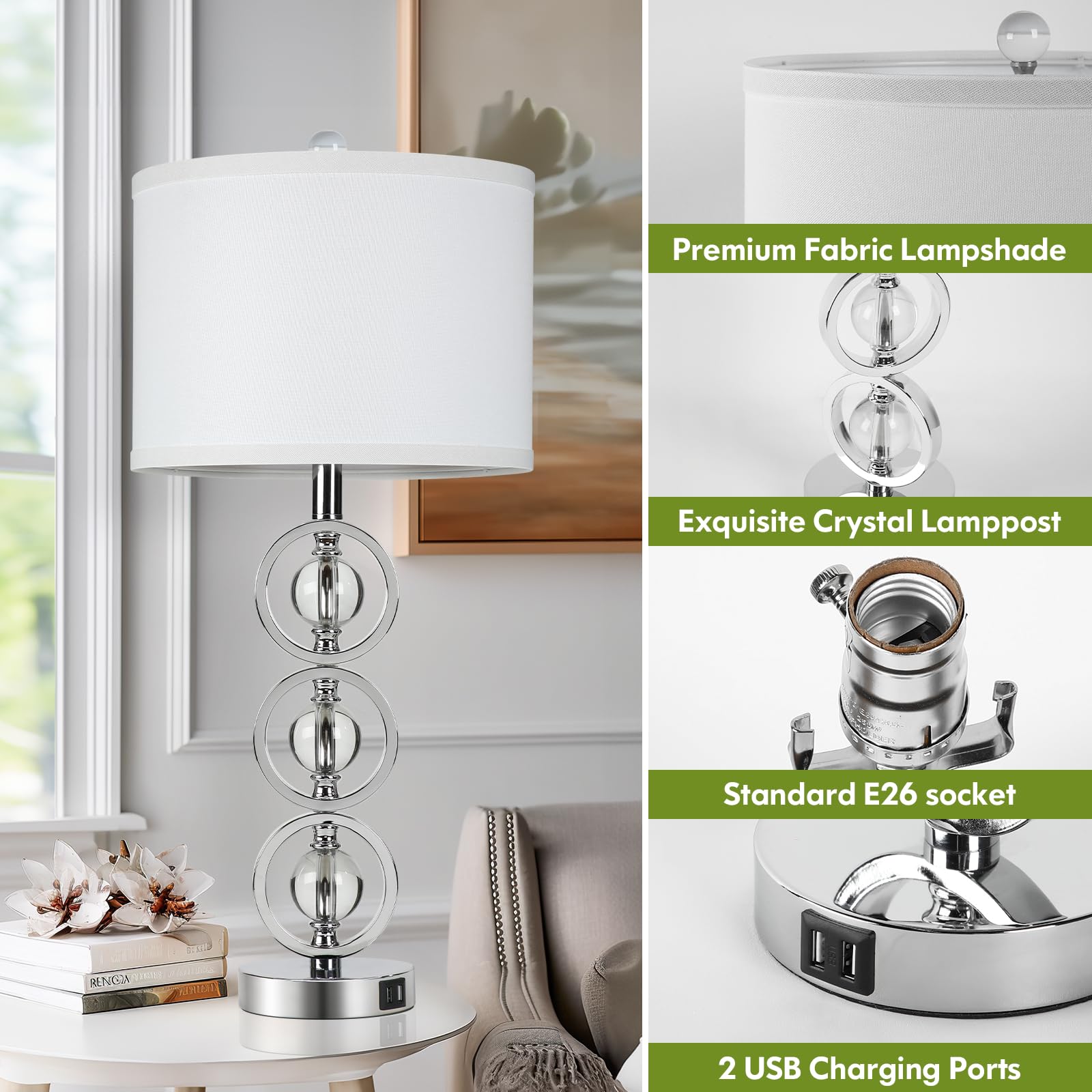 Set Of 2 Modern Silver Table Lamps With 2 Usb Charging Ports, 27 Tall Crystal Bedside Nightstand Lamp With White Fabric Shade, G