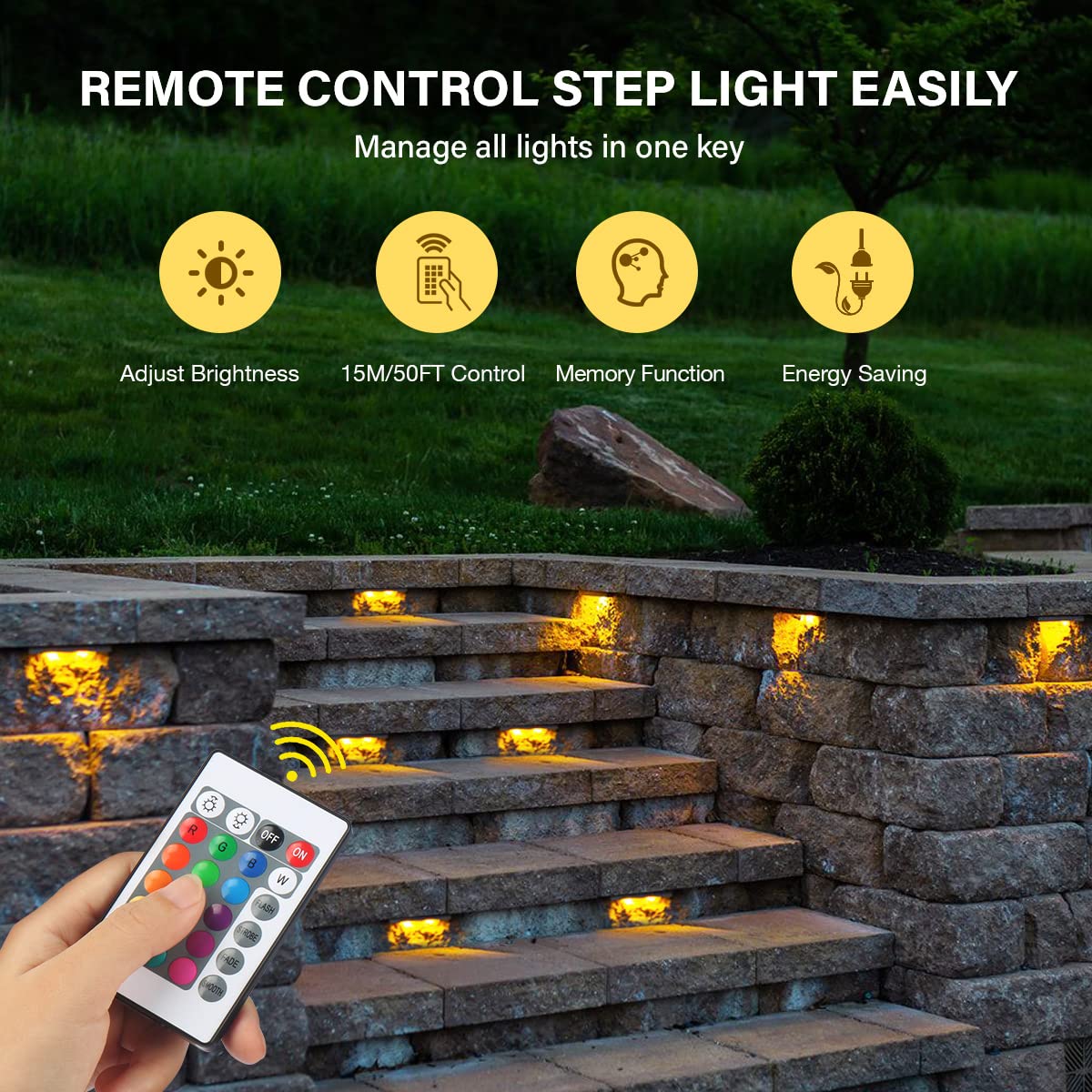 Ceouheia 8-Pack LED Hardscape Lighting, 4 Inch, RGB Remote Control, IP65 Waterproof, Aluminum, Model DY-STEPLIGHTZXRGB-8P