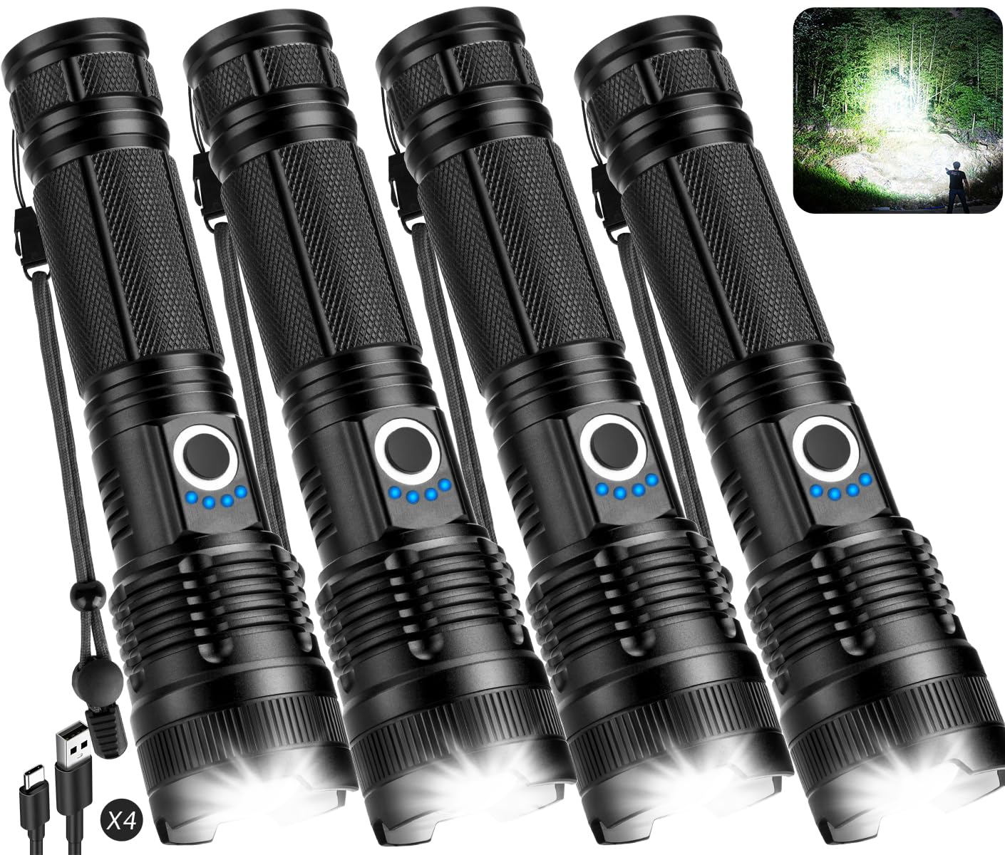 Kmivo Flashlights Rechargeable LED High Lumens - 4 Pack 90,000LM Super Bright Flashlight, Adjustable Powerful Flash Light with 5