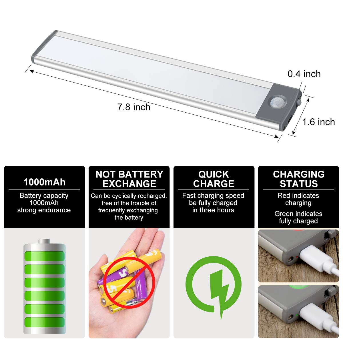 LEPOTEC 30-LED Motion Sensor Cabinet Light, USB Rechargeable, 7.8in, Silver-white, Model TL030-2, Magnetic Under Counter Lighting, 2 Pack