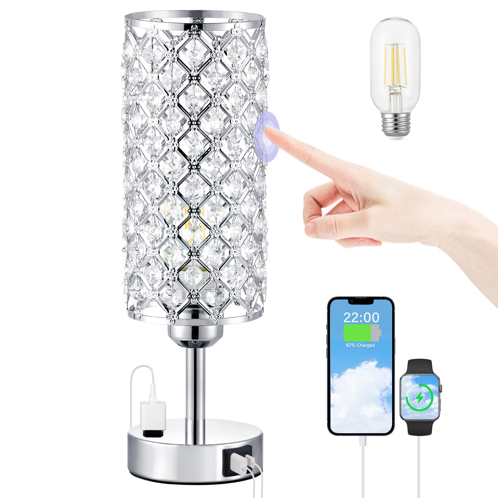 Hong-in Crystal Table Lamp, Lamp for Bedroom with USBC-A+ AC Charging Ports, 3 Way Dimmable Light with Crystal Lampshade, Bedsid