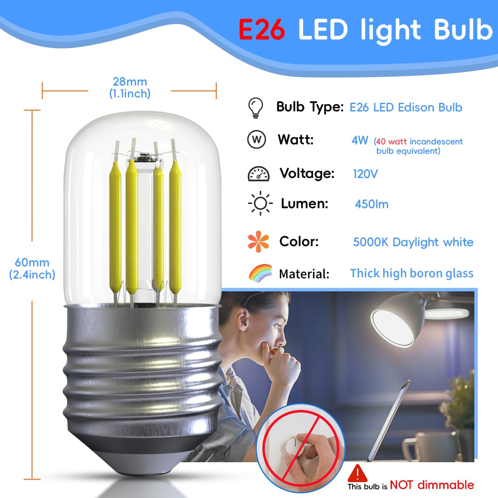 Jensense E26 Led Bulb 4W (40W Equivalent) Cool White 2 Pack For Refrigerators, Desk & Floor Lamps, Model Etl-Lbcst28E26