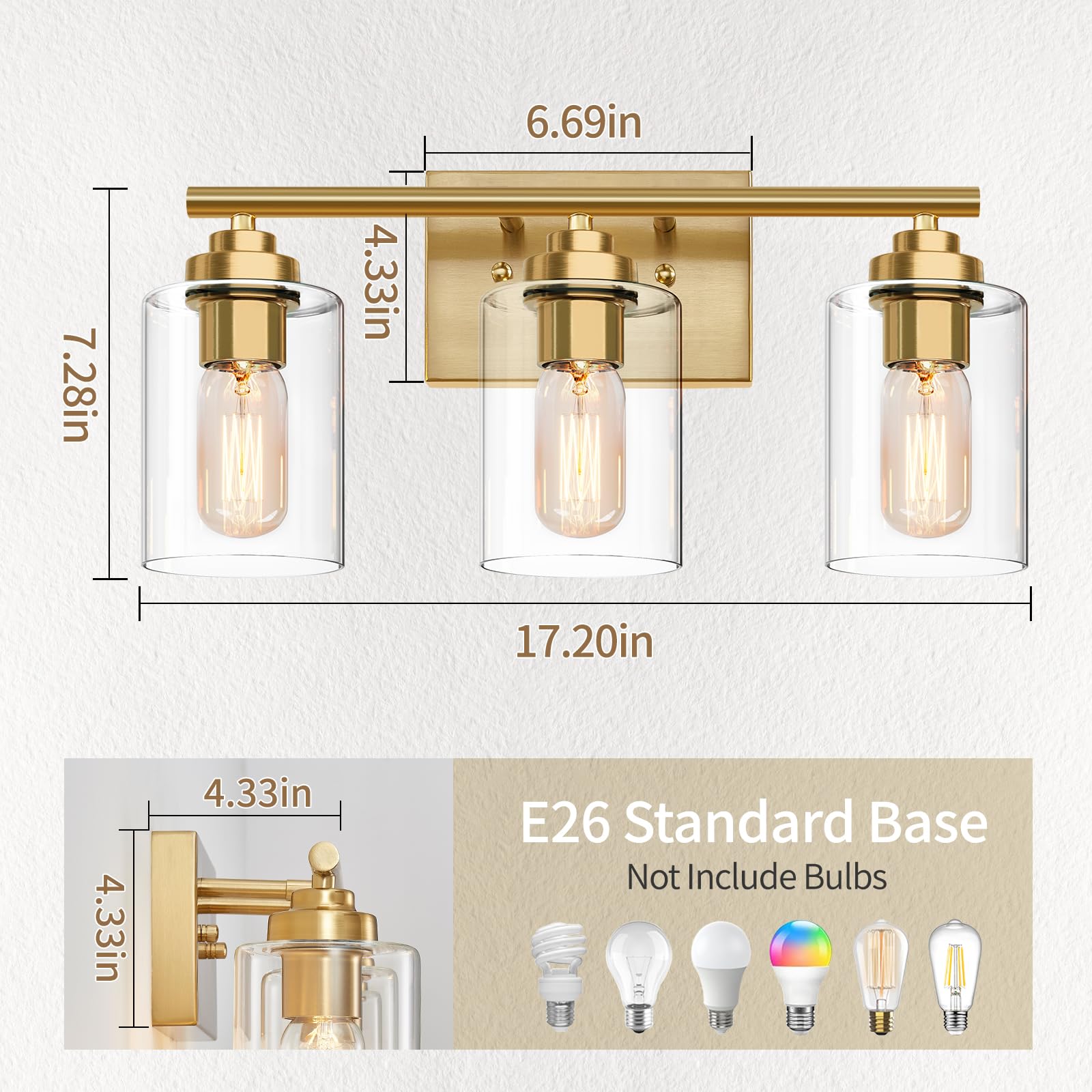 Bathroom Vanity Light Over Mirror,Vanity Light For Bathroom,Bathroom Light Fixture Wall Sconce Lighting For Bedroom,Living Room (Gold, 3-Light)