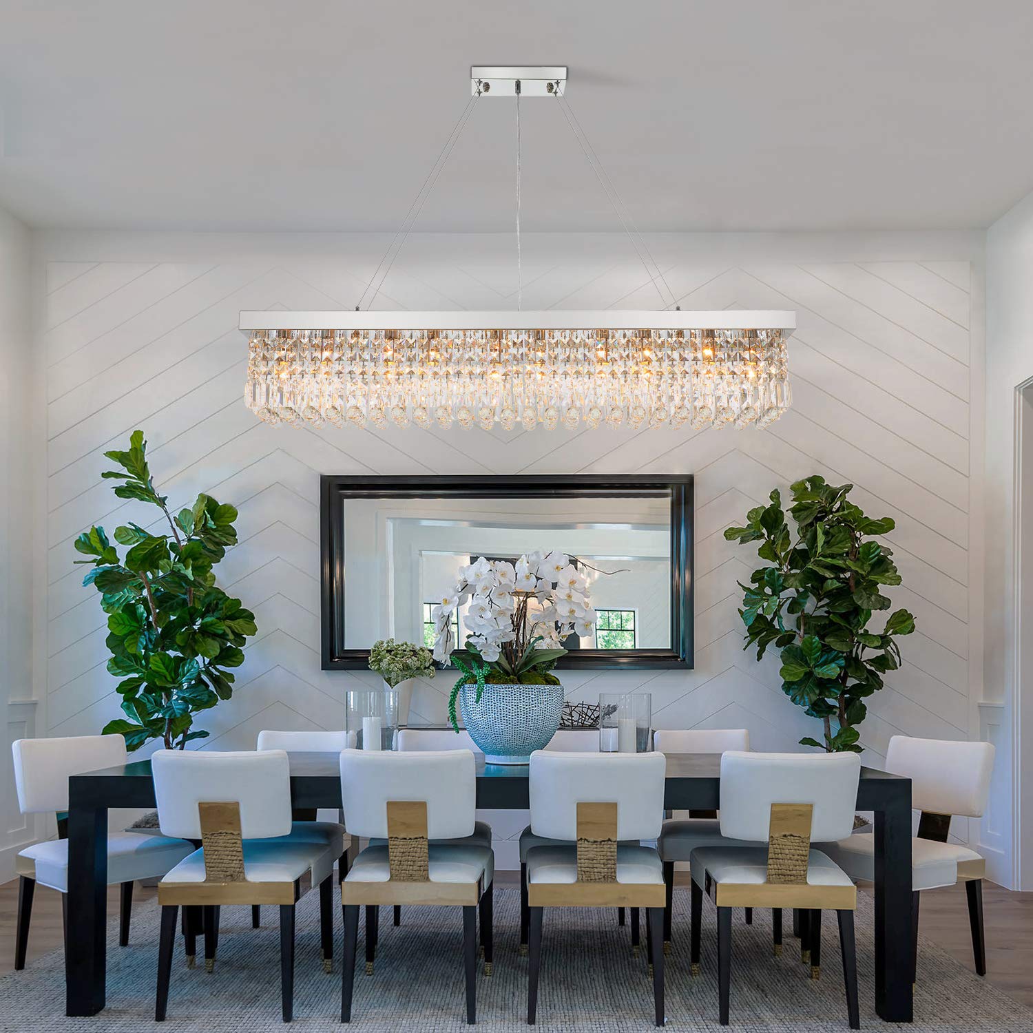 7Pm K9 Crystal Chandelier - Modern Rectangular Pendant Light Fixture, Chrome, L47 X W10 X H10, For Dining Room & Kitchen Island