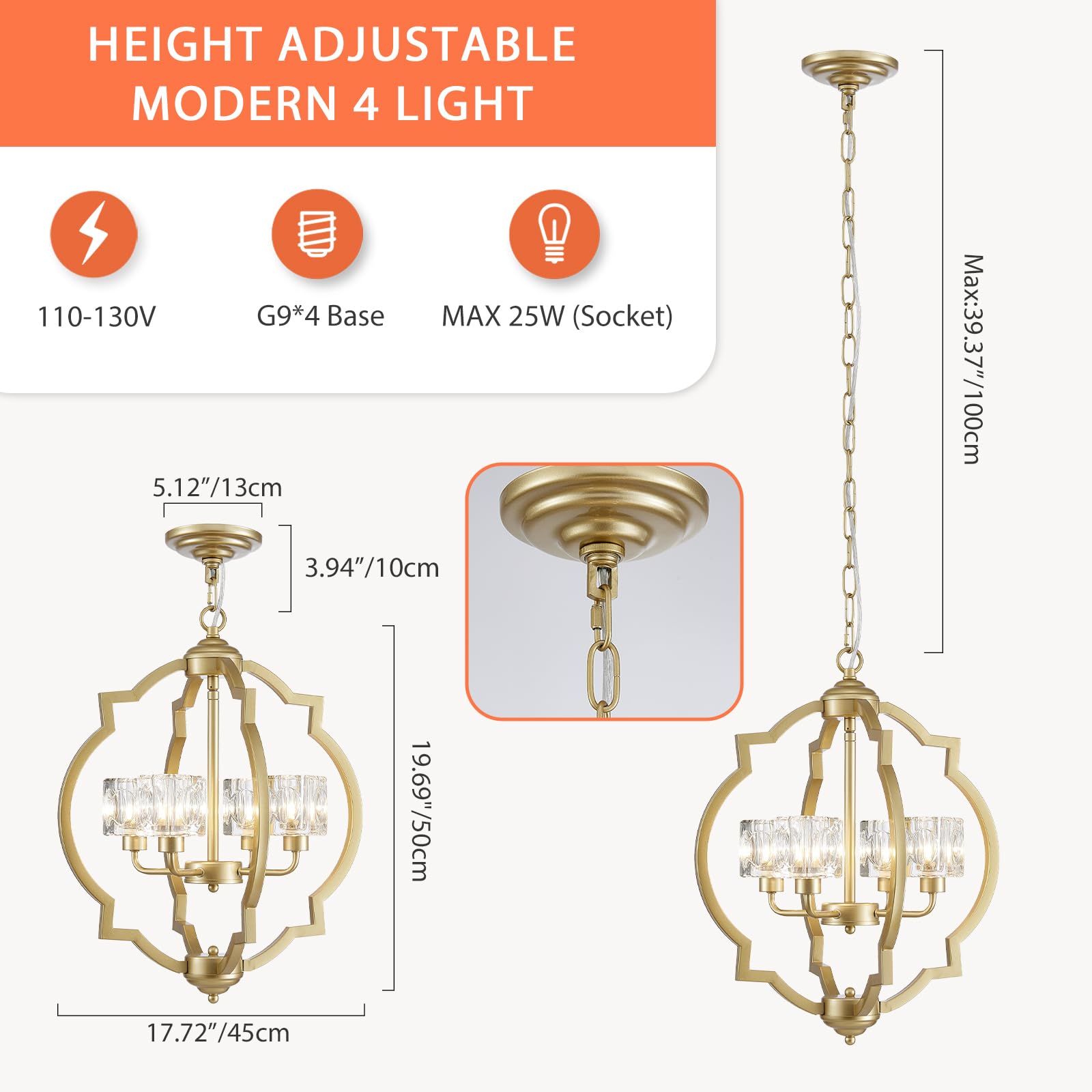 Majhoiw 4-Light Modern Chandelier, 17.7" Gold Metal Pendant Lighting for Dining Room, Living Room, Kitchen, Bedroom, Foyer