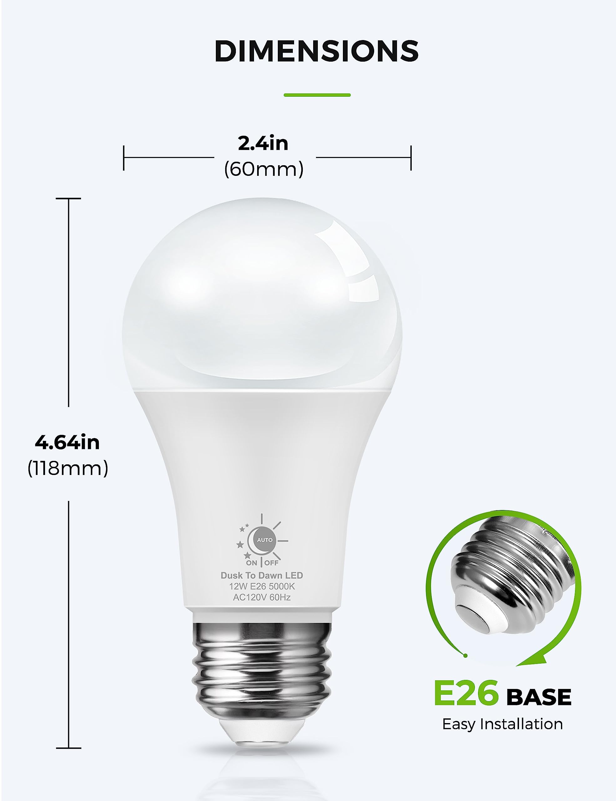 L LOHAS LED Dusk to Dawn Sensor Light Bulbs, 12W A19, 5000K Daylight White, Auto-On/Off, E26 Base, 2 Pack