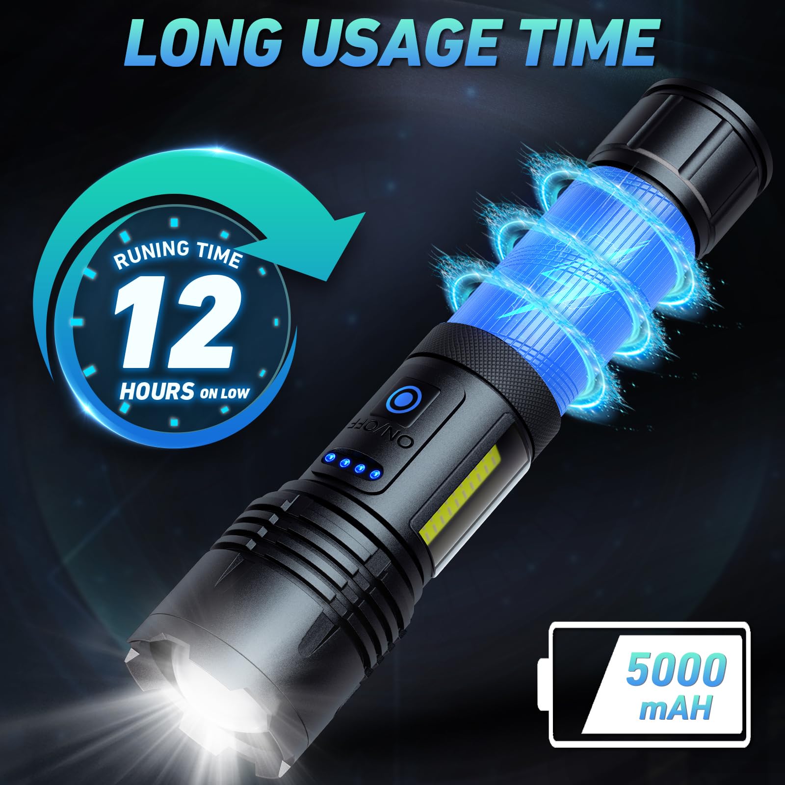 SKNSL Rechargeable LED Flashlight High Lumen 990,000 Lumens 7 Modes IPX7 Waterproof Black Model M001-COB