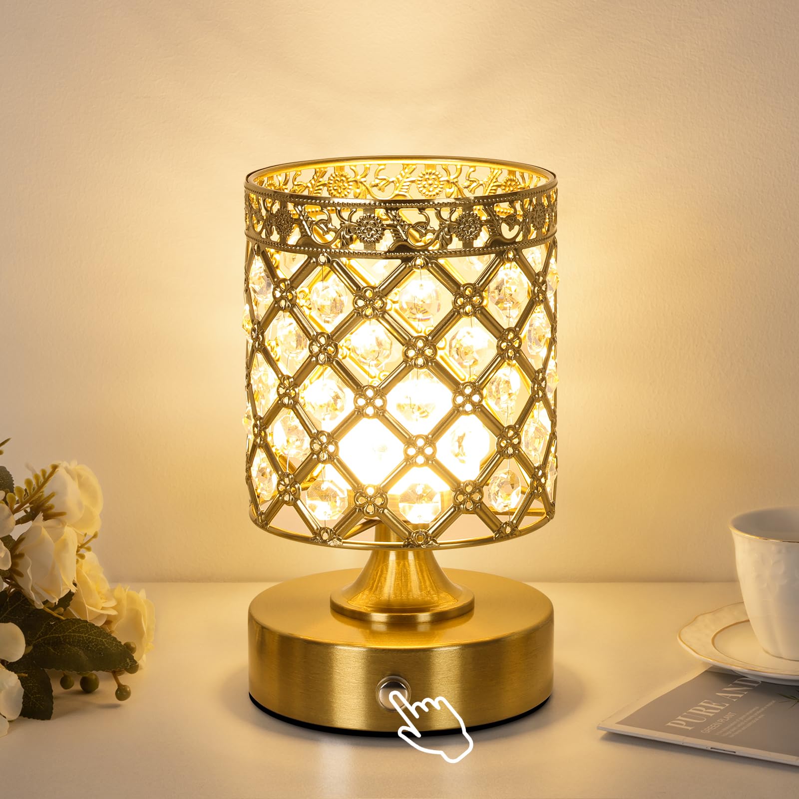 TOBUSA Gold Rechargeable Cordless Table Lamp  6000mAh Crystal Battery Operated Lamp with 3 Color Temps & Stepless Dimming  Portable Bedside Touch Small Desk Lamp  Vintage Wireless LED Night Light