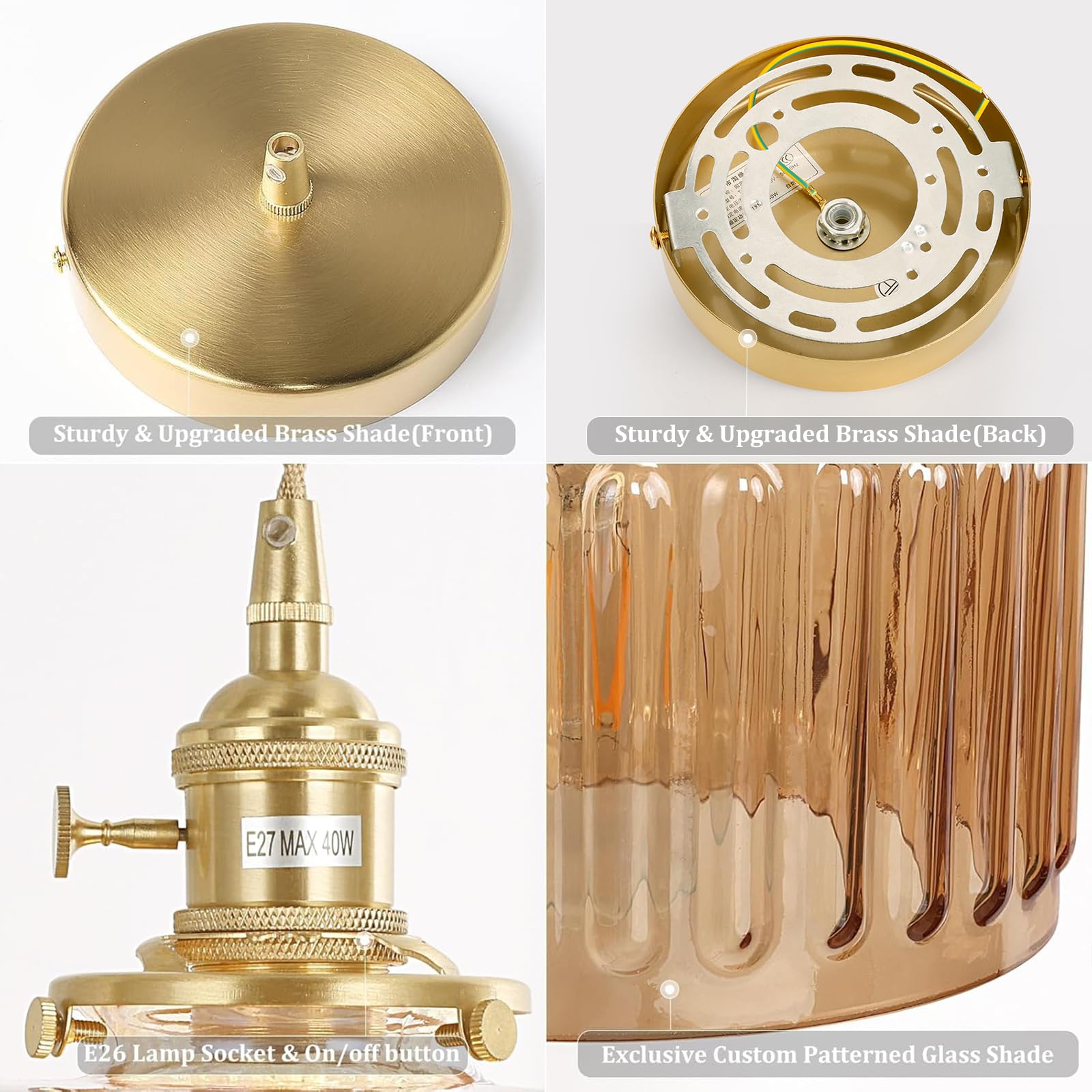 Shenmoyl Pendant Light 2 Pack With Amber Striped Glass Lmapshade, Brass Vintage Pendant Light Adjustable Hanging Light For Kitch