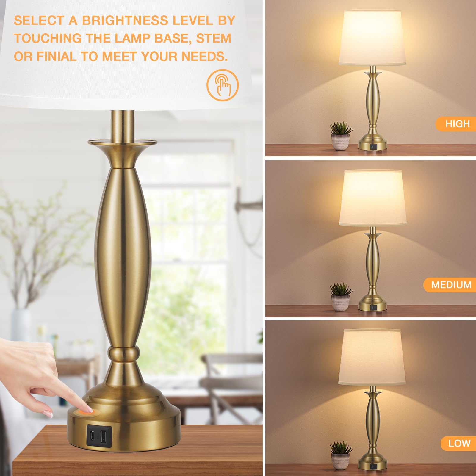 White Gold Lamps For Bedrooms Set Of 2 - Touch Control Bedside Lamp With Usb C+A, 3 Way Dimmable Nightstand Lamps With Usb Port,