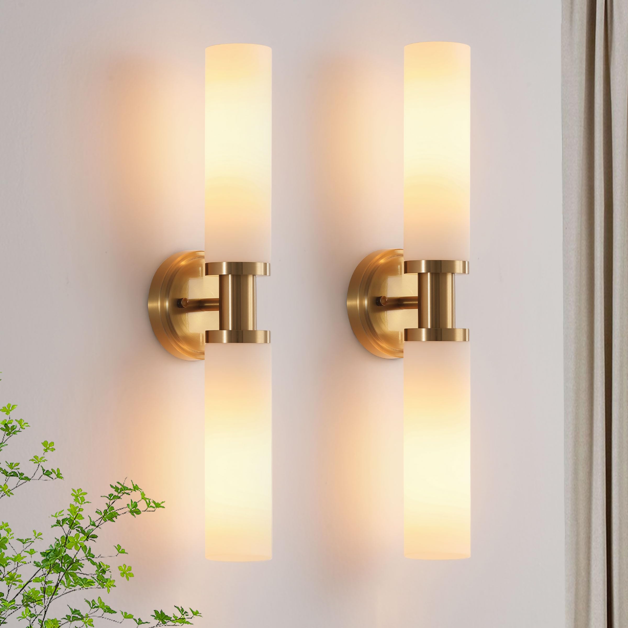 KUZZULL Wall Sconces Set of 2, Brass Gold Modern Lighting with White Glass for Bathroom, Living Room, Hallway, Bedroom