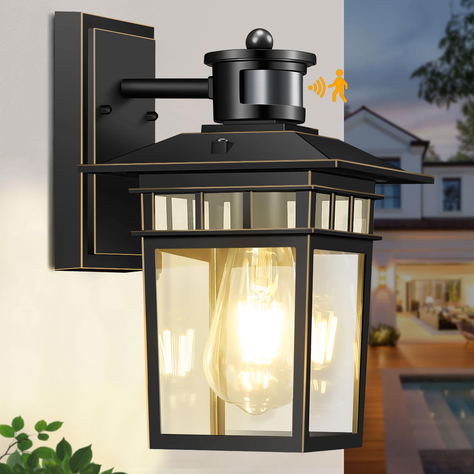 Hifeelen Motion Sensor Outdoor Wall Light, Dusk To Dawn, Waterproof Aluminum, Black Gold