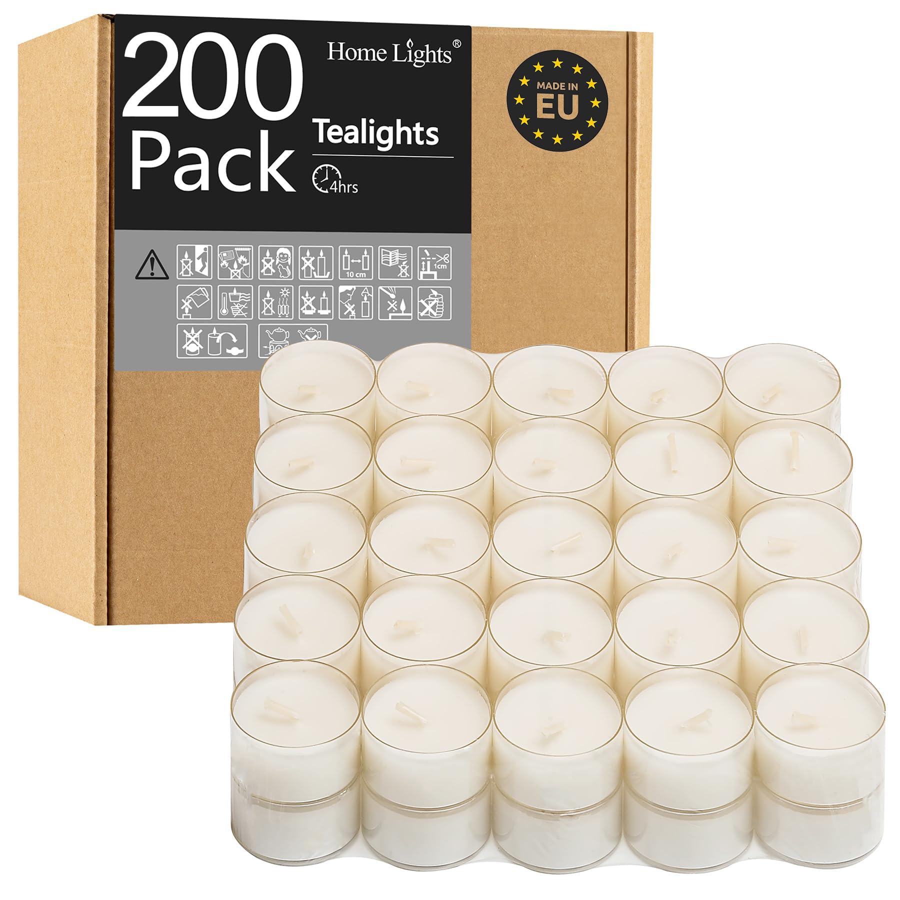 Homelights Tea Lights Candles, Giant 100,200,300 Bulk Packs, 4-4.5 Hrs White Unscented European Smokeless Clear Cup Tea Lights For Shabbat, Weddings, Christmas, Home Decorative- 200 Pack