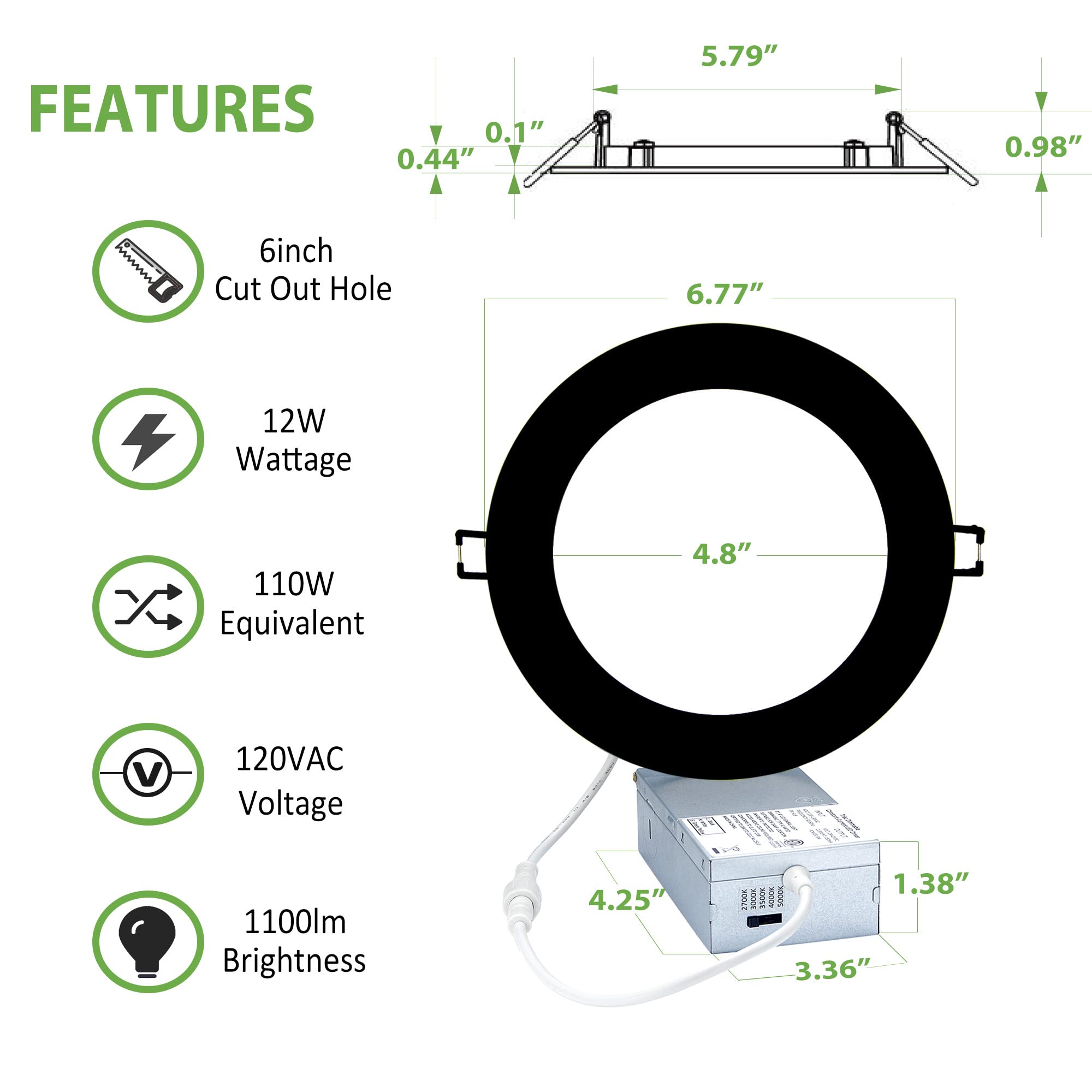 POPANU Recessed Light Ultra-Thin Canless 6-Inch Black Trim LED Ceiling Lighting Kits 5 CCT Selectable Color Temperature 6 Inch L