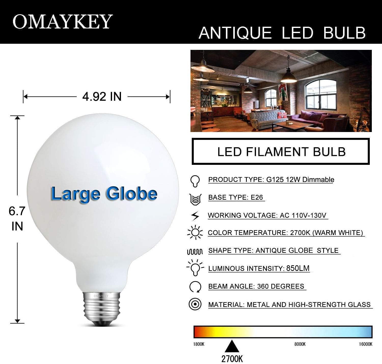 Omaykey 12W Dimmable Large Led Globe Bulb 85W Equivalent 850 Lumens, 2700K Warm White E26 Medium Base, Vintage Edison G125 Large Globe Milky Glass Led Filament Light Bulb, Deep Dimming Version
