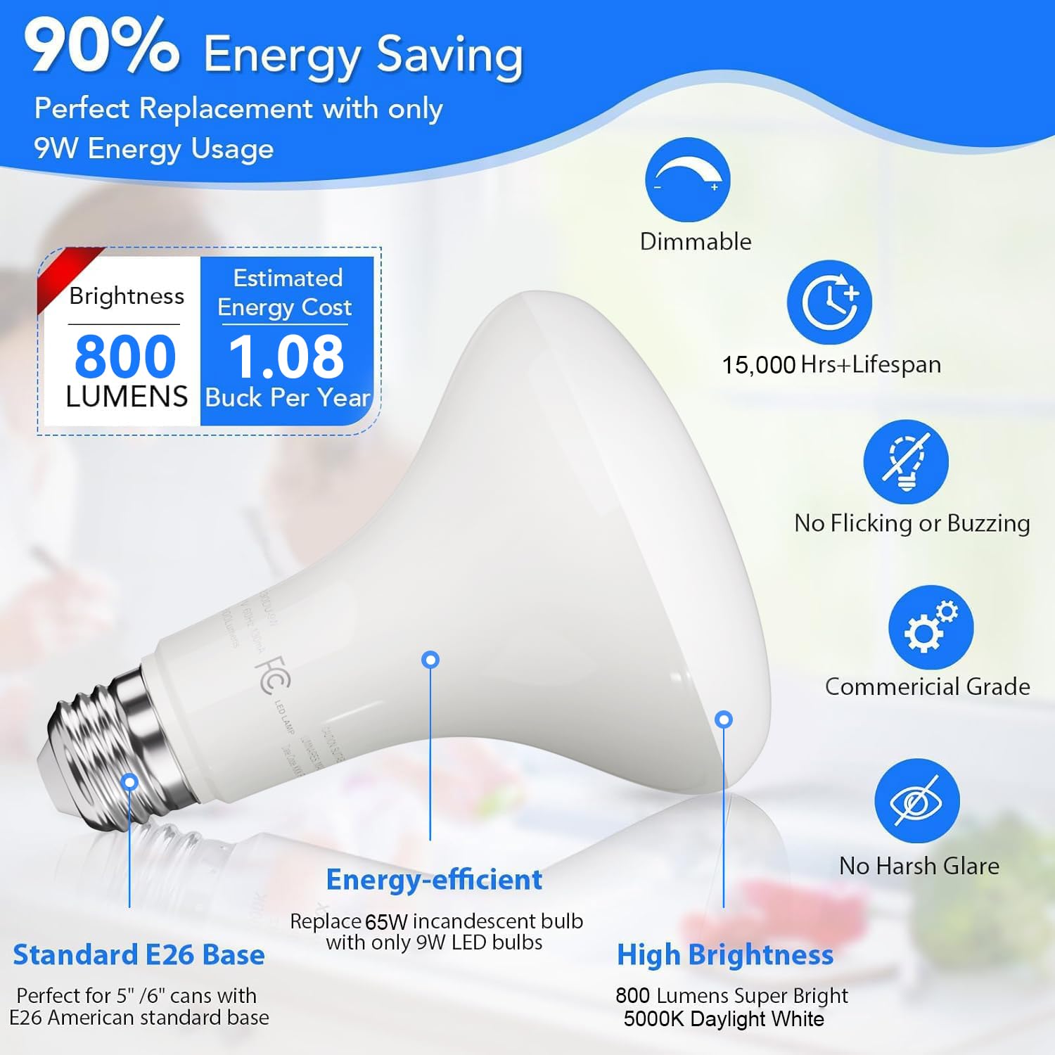 Volivo Led Flood Light Bulb 12 Pack, Recessed Ceiling Bulb, Br30, 65W Equivalent Efficient 9W, Dimmable, E26, Daylight White 500