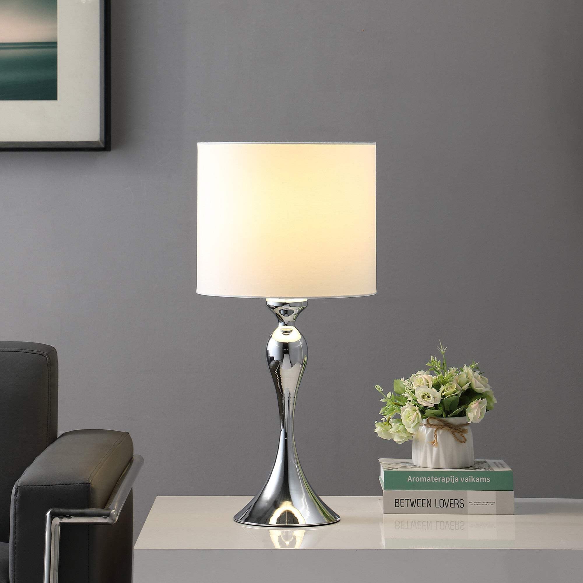 HomeRoots Silver Table Lamp with Off White Drum Shade, Metal, Model 524252, 24.5 x 12 x 12 in.
