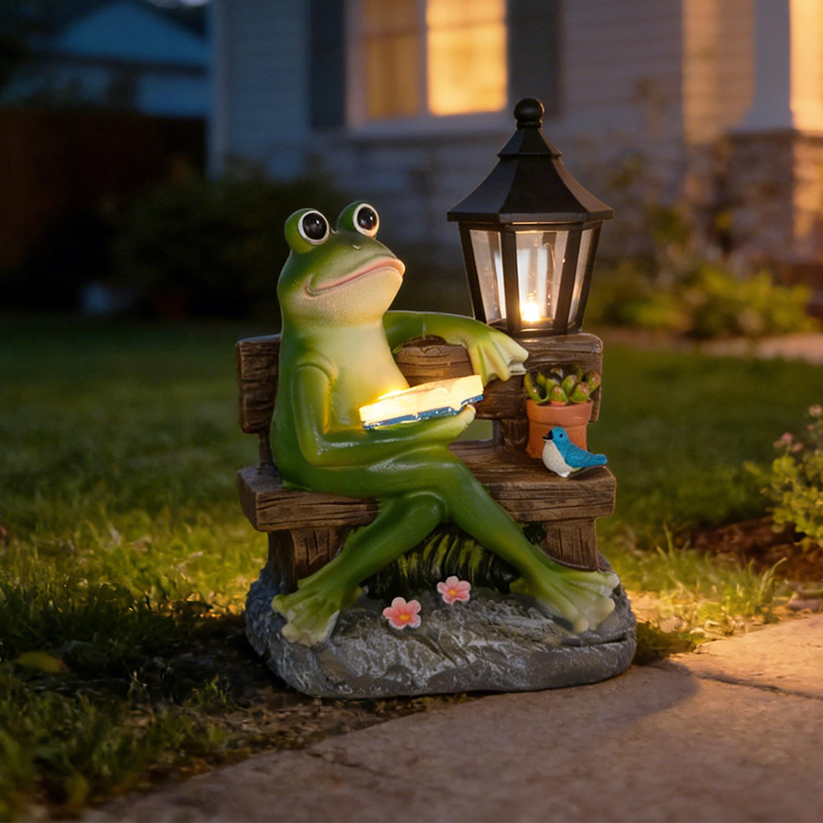 SAMPU CRAFT Reading Frog Solar Garden Statue with Lantern Light - Outdoor Decorative Resin Sculpture, Weather-Resistant LED Sola