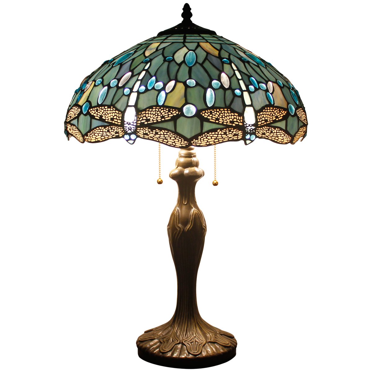 WERFACTORY Tiffany Lamp Sea Blue Stained Glass Bedside Table Lamp Dragonfly Style Desk Reading Light Metal Base 16X16X24 Inches 