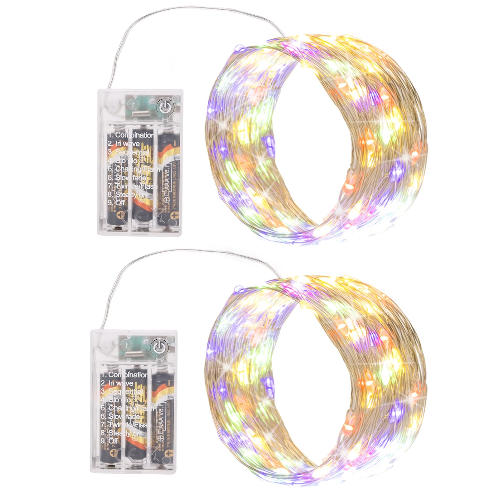Sinamer Multicolor Fairy Lights Battery Operated (Included), 8 Modes & Auto Timer, 2 Packs 5M 50Led Mini Twinkle Silver Wire Firefly Starry Lights, Waterproof Battery Operated Lights For Bottle
