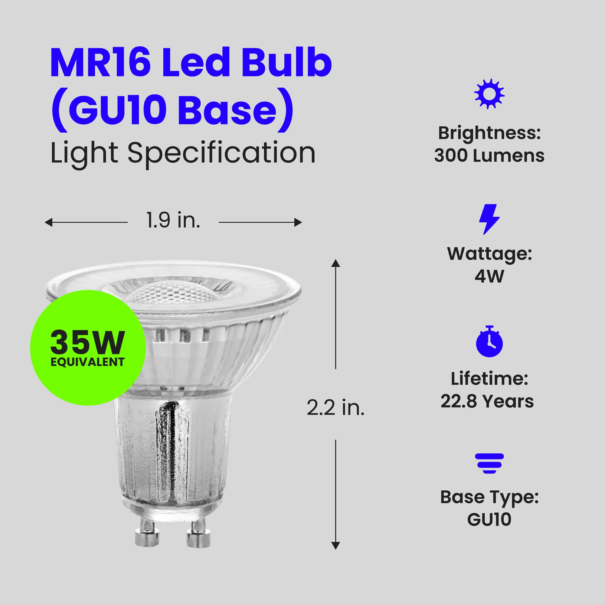Feit Electric 4W Led Mr16 Gu10 Bulbs With 35W Equivalent, Dimmable, Mr16 Bulbs, 22 Yrs. Lifetime, 300 Lumens, 3000K Warm White,