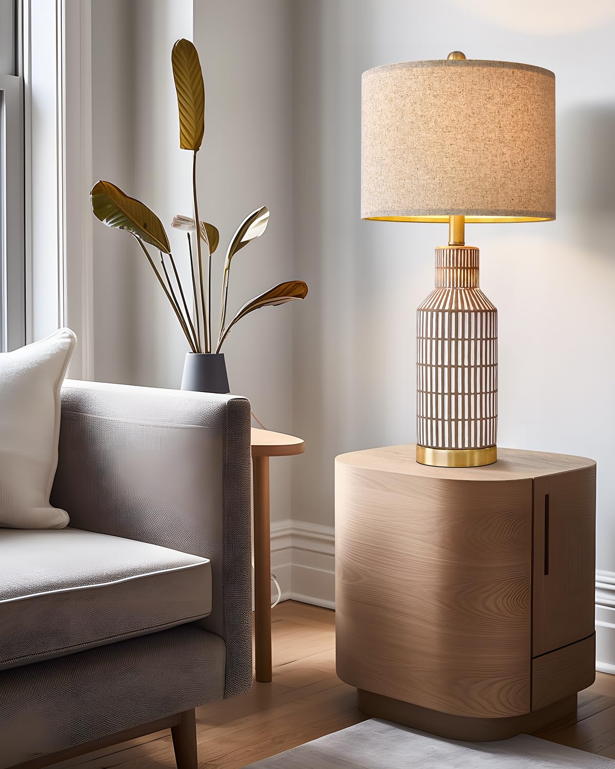 Usumkky 25'' Table Lamps Set Of 2, Modern Ceramic Bedside Lamps - Farmhouse Brown Nightstand Lamps For Bedroom, Boho Living Room