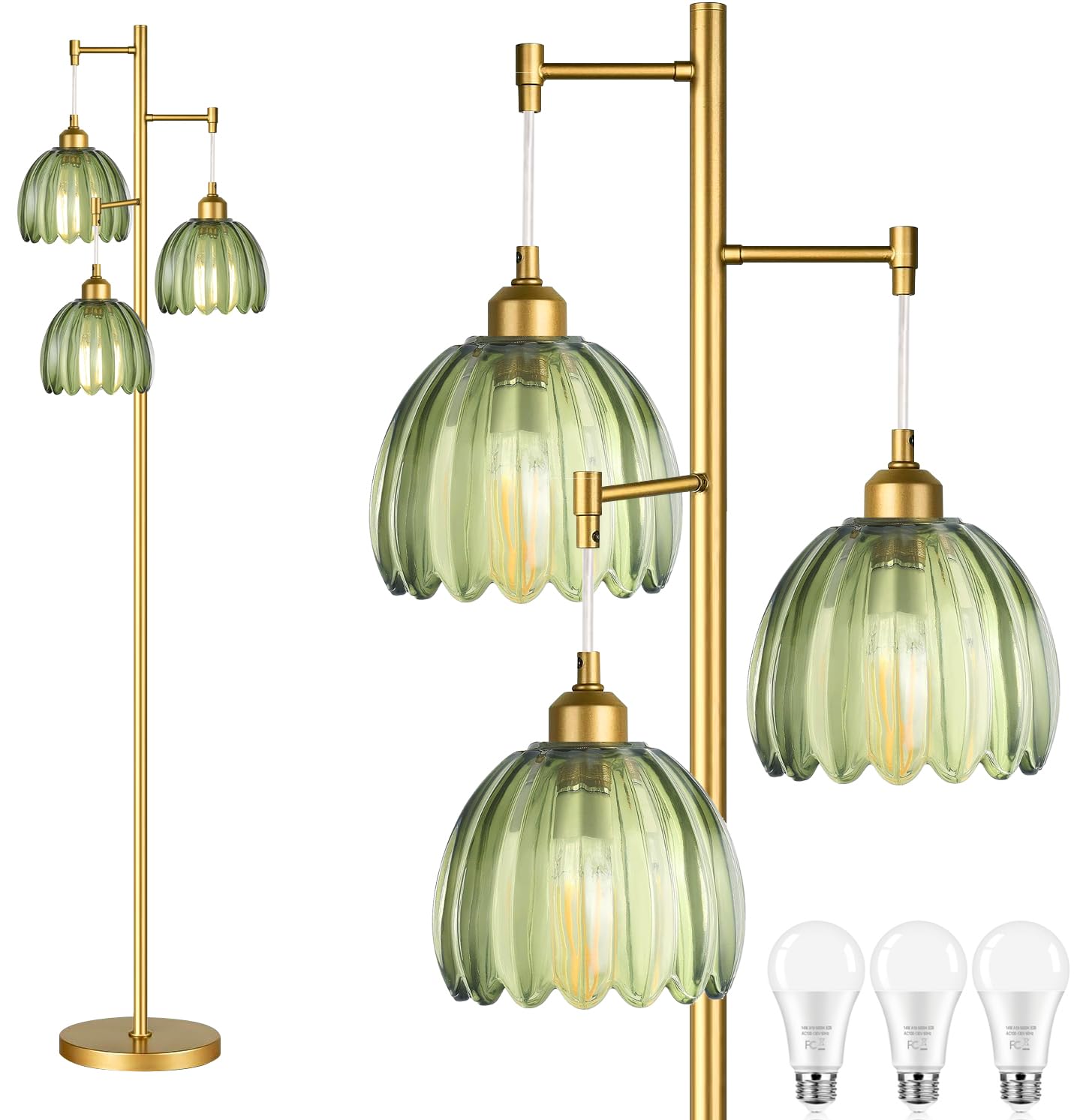 AHDWDW Gold Floor Lamp for Living Room Bedroom Modern Tree Floor Lamps with Green Glass Shades 68IN Tall Standing Lamp with Bulbs 3 Lights Mid Century Vintage Floor Lamp for Corner Office Reading