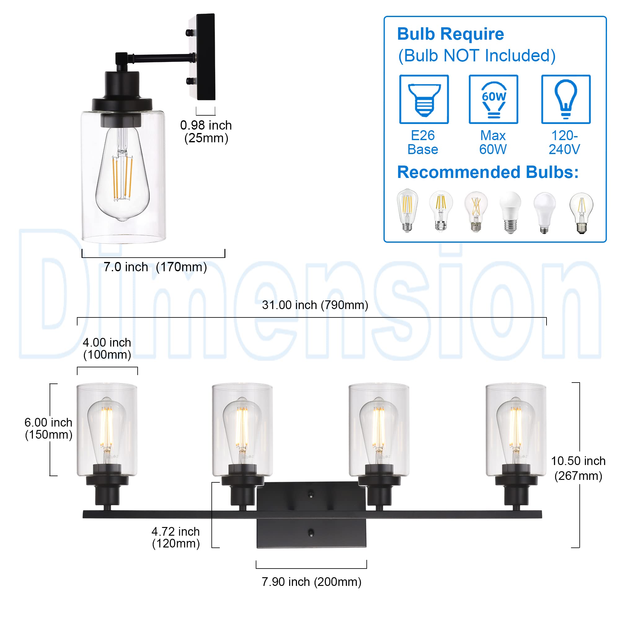 MELUCEE 4 Lights Sconces Wall Lighting Black with Clear Glass Shade, Industrial Bathroom Light Fixtures Vanity Lights Porch Ligh