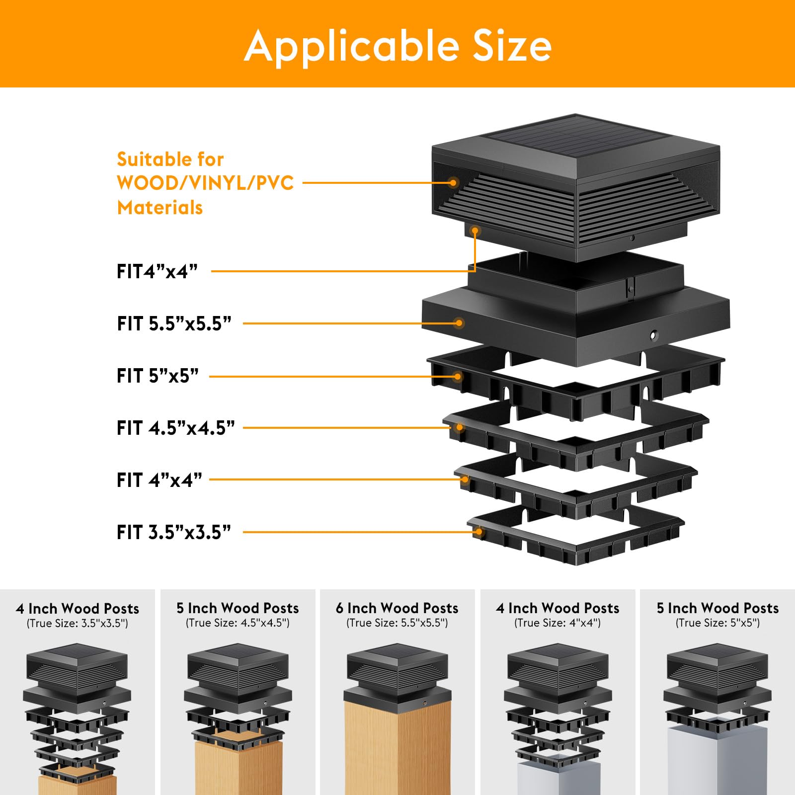 LETMY Solar Post Cap Lights 2 Pack, 56 Brighter LEDs, Waterproof for 4x4, 5x5, 6x6 Posts, Black, Model TPC005