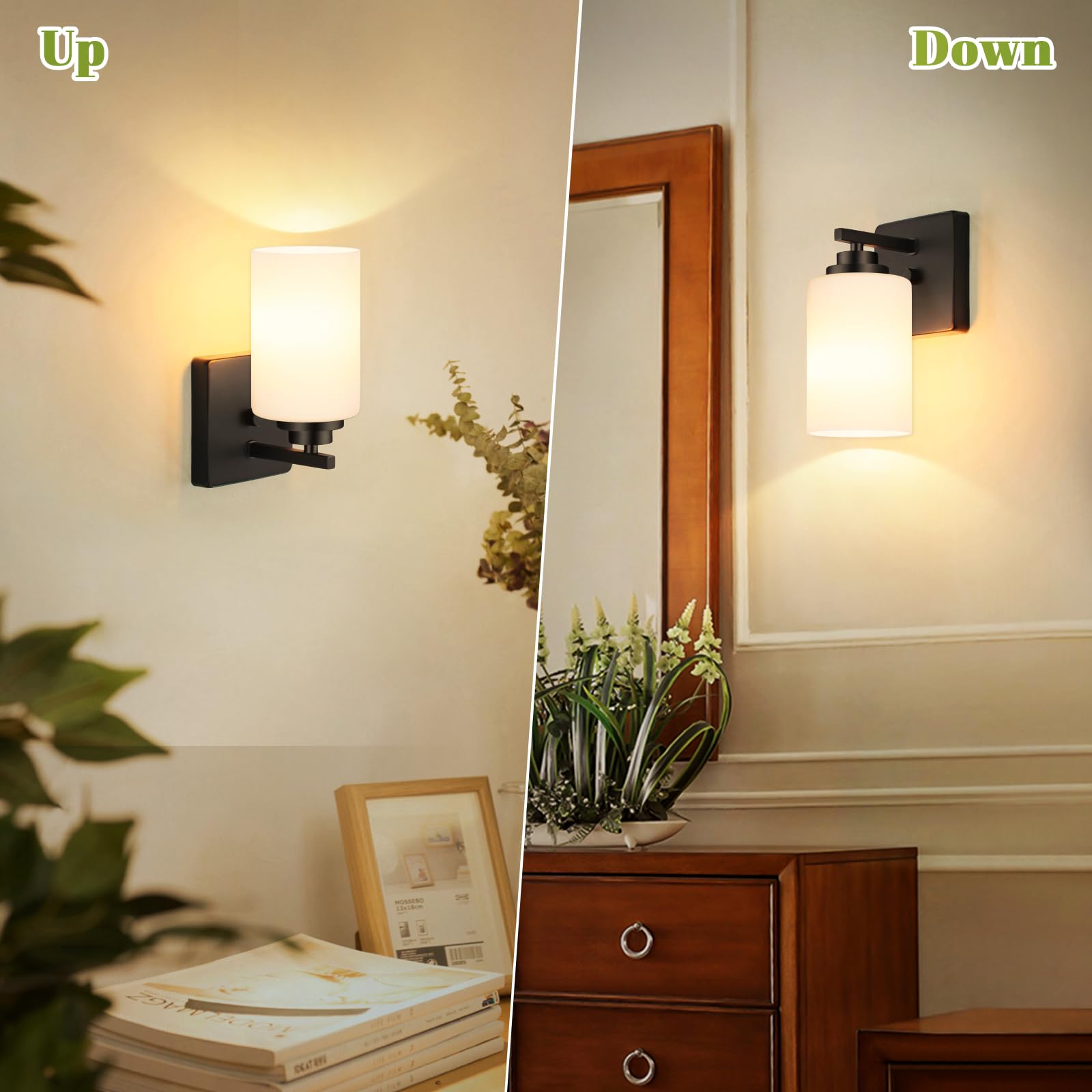 VerRon Set of 2 Wall Sconces, Modern Matte Black Lighting with White Glass Shade, 2-Light Fixtures for Bathroom & Living Room