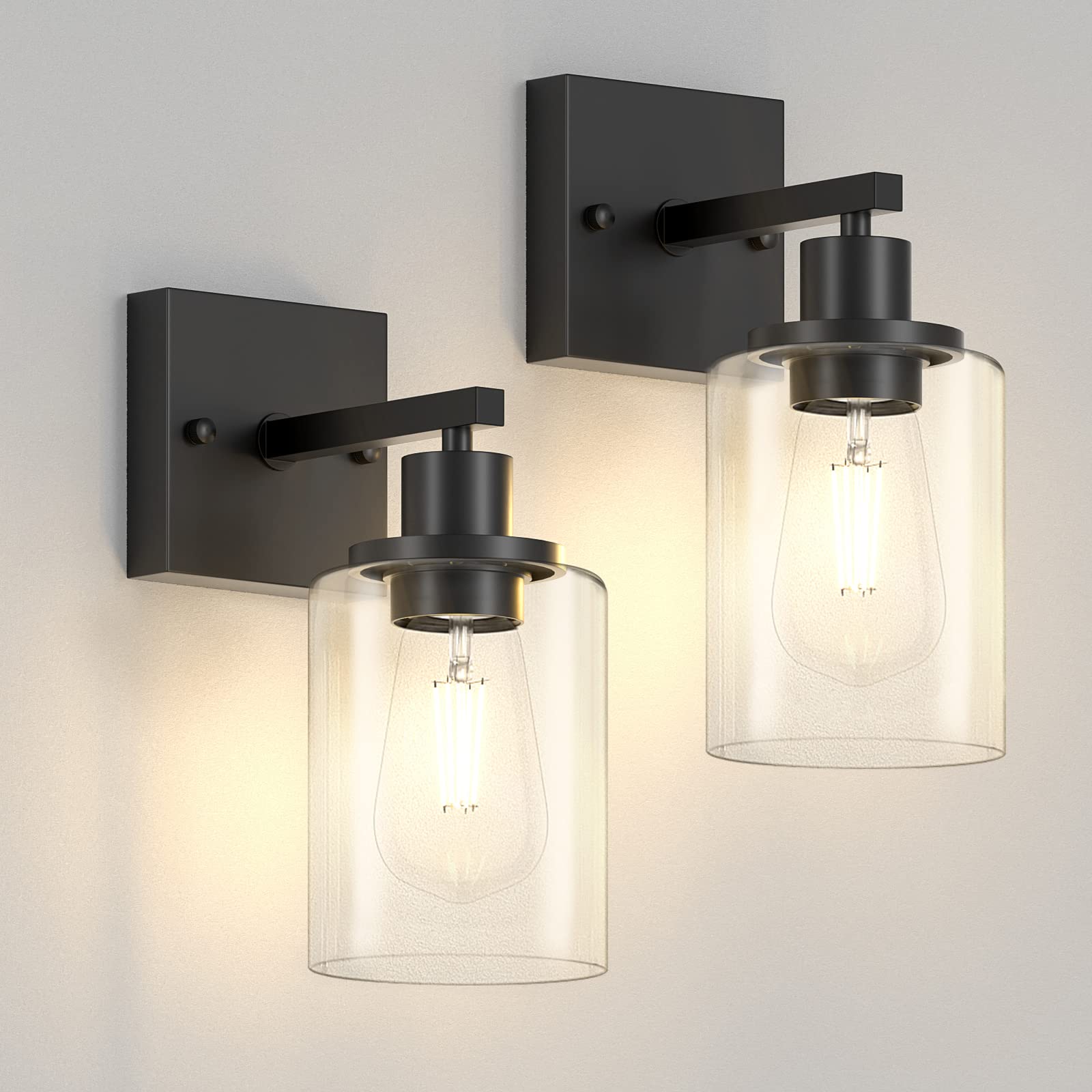 Licperron Black Wall Sconces Set of Two, Modern Metal Lighting Fixture, Glass Shade, 1-Light