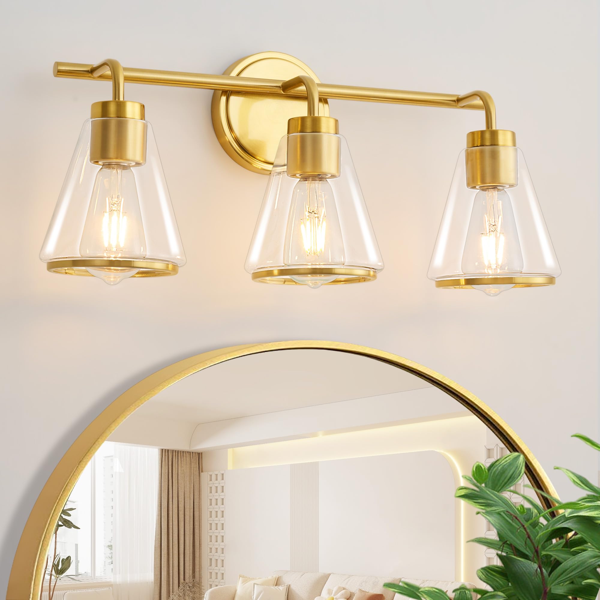 Nadosa Gold Vanity Light Bathroom Light Fixtures Over Mirror 3 Lights Bathroom Vanity Lights With Clear Glass Shade 22 Inch Modern Wall Sconce Bathroom Lights For Bath
